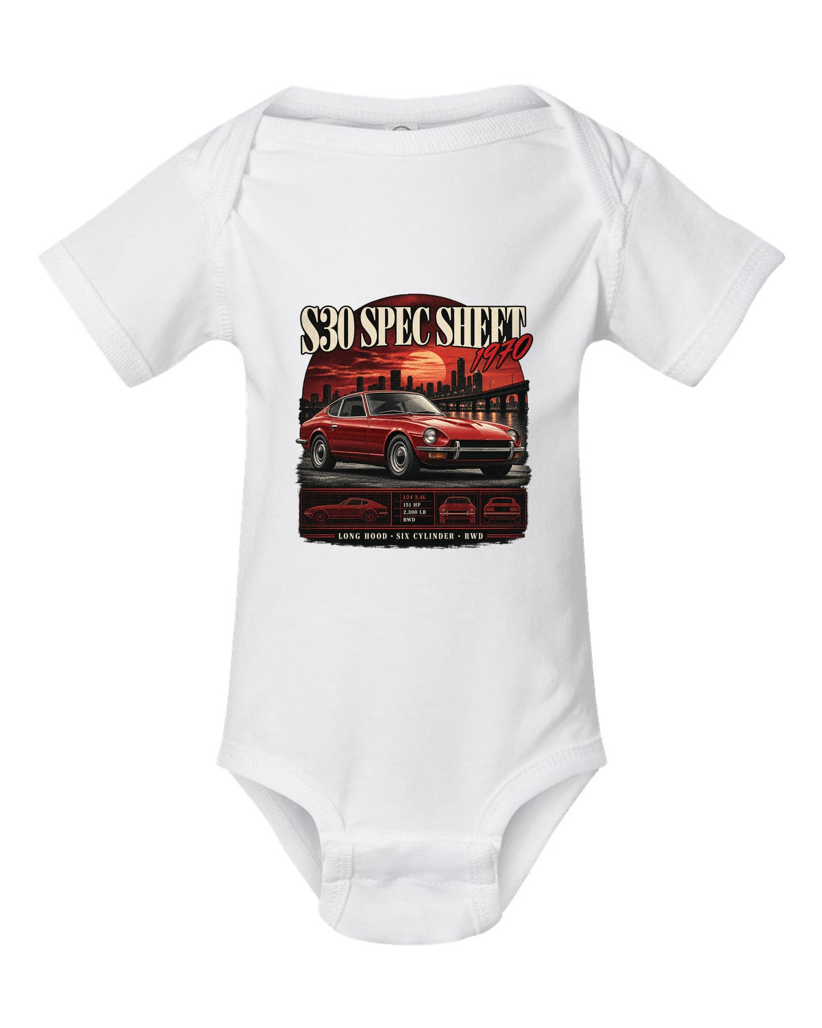 Archive panel spec sheet print of a Datsun 240Z S30 with L24 2.4L 151 HP text white baby onesie front view with the design