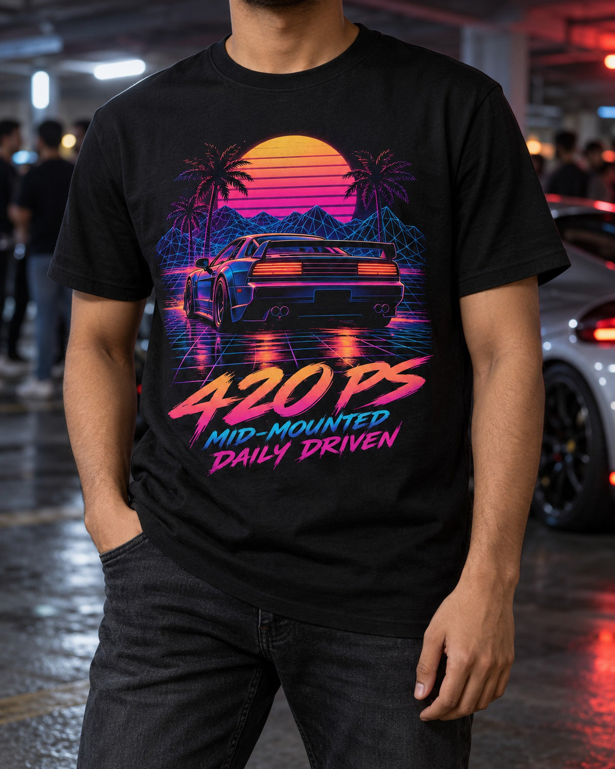Audi R8 Type 42 Synthwave Rear Light Shirt, Daily Driven T-Shirt Black worn hero