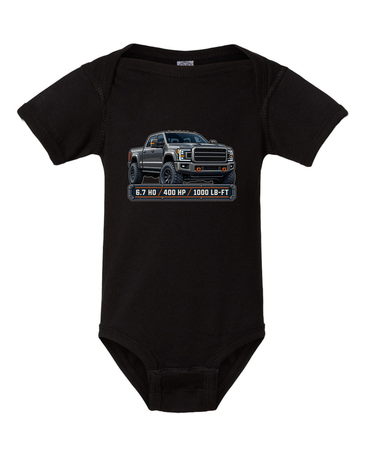 Spec-sheet data plate print for a 2019-2024 Ram HD 2500 crew cab with 6.7 HO 400 HP 1000 lb-ft text black baby onesie front view with the design