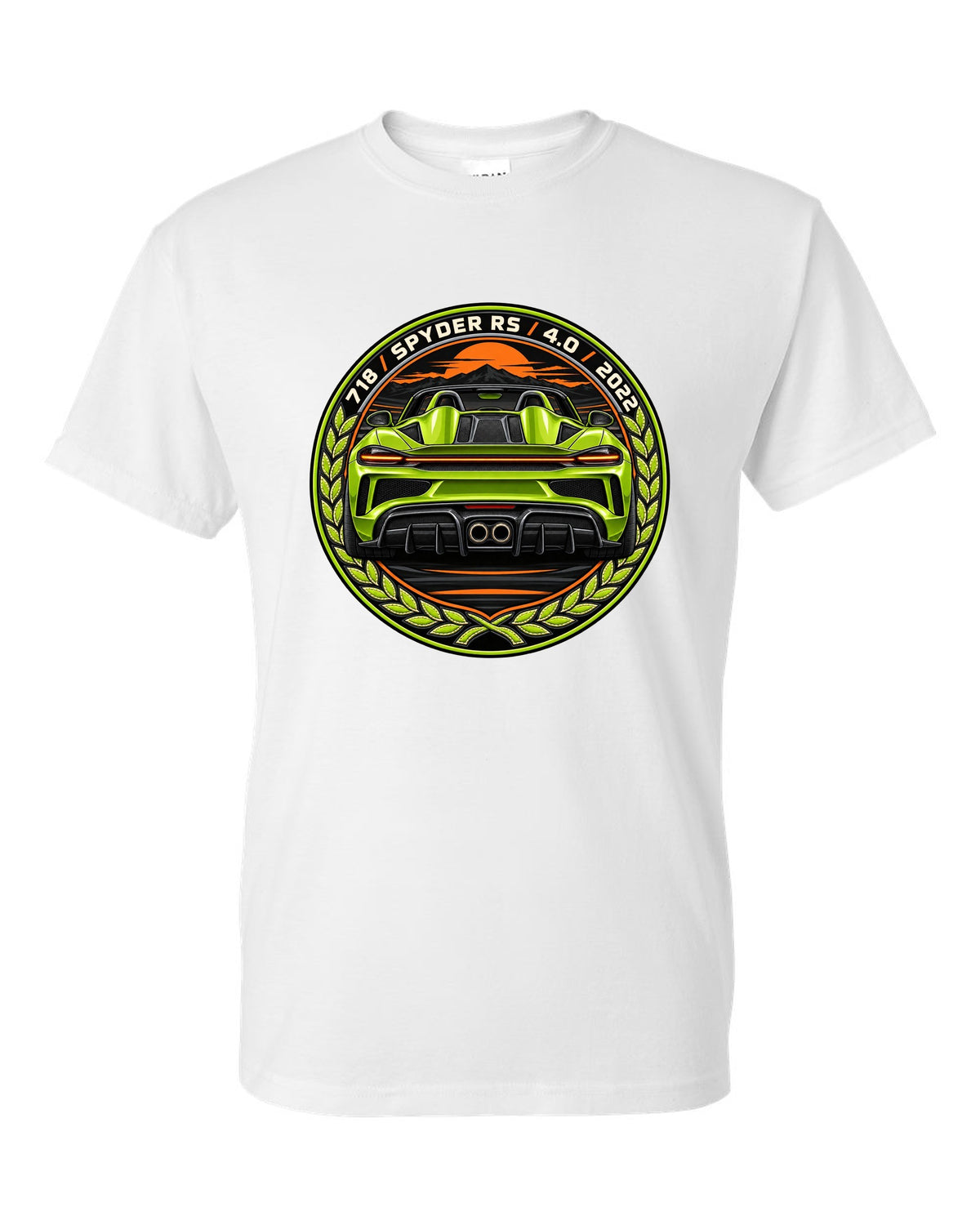 Round crest design for the Porsche 718 Spyder RS with 4.0 and 2022 lettering white t-shirt front view with the design