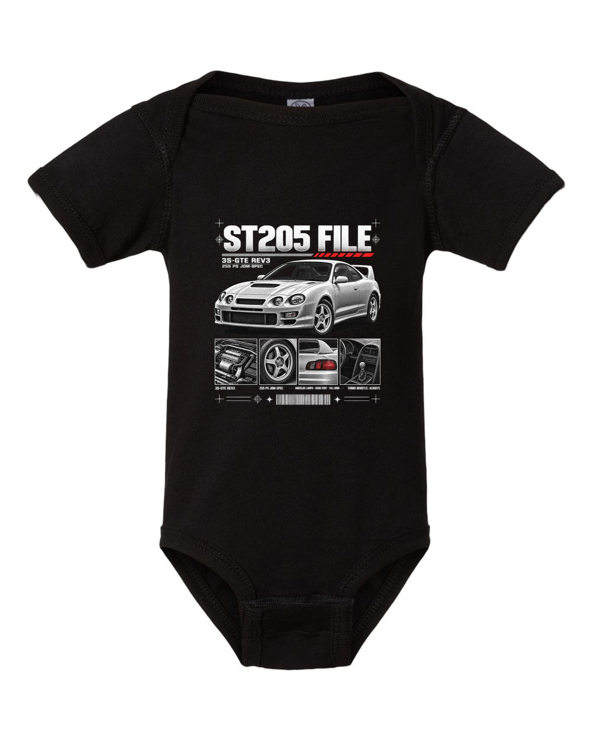 Dossier panel print of a Toyota Celica GT-Four ST205 with 3S-GTE Rev3 and 255 PS text black baby onesie front view with the design