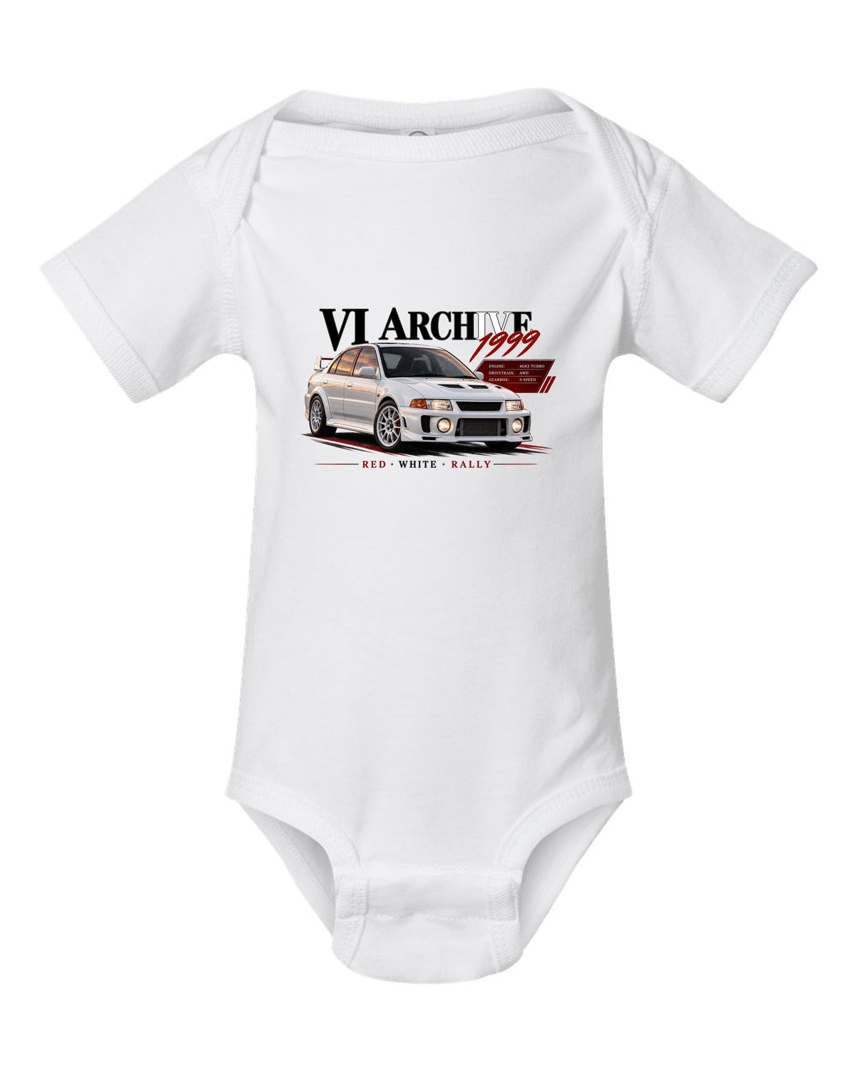 Archive panel print for the Mitsubishi Lancer Evolution VI CP9A listing 4G63 turbo, AWD, 5-speed, red white rally white baby onesie front view with the design