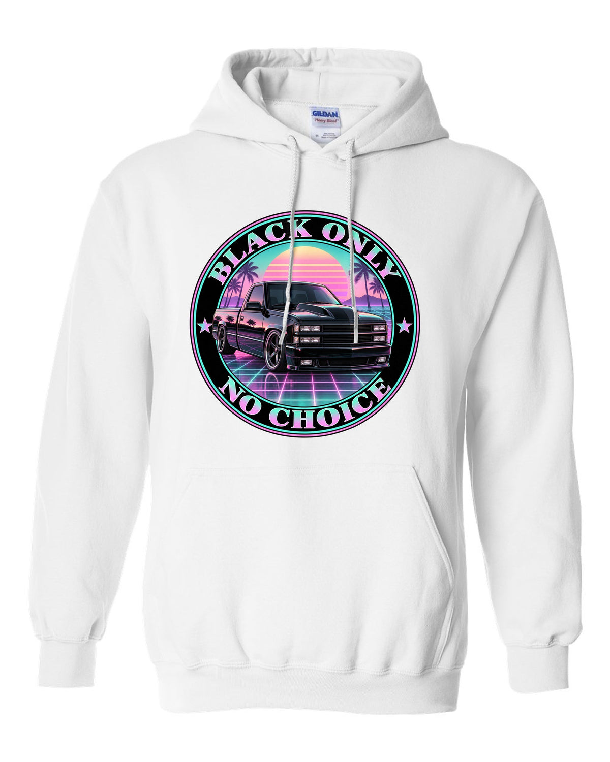 Pastel vaporwave print of a 1990-93 Chevrolet 454 SS pickup with black only no choice lettering white pull over hoodie front view with the design