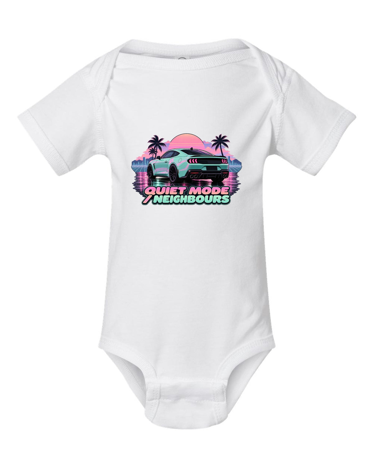 Vaporwave pastel print of a 2024 S650 Mustang coupe on wet asphalt with Quiet Mode text white baby onesie front view with the design