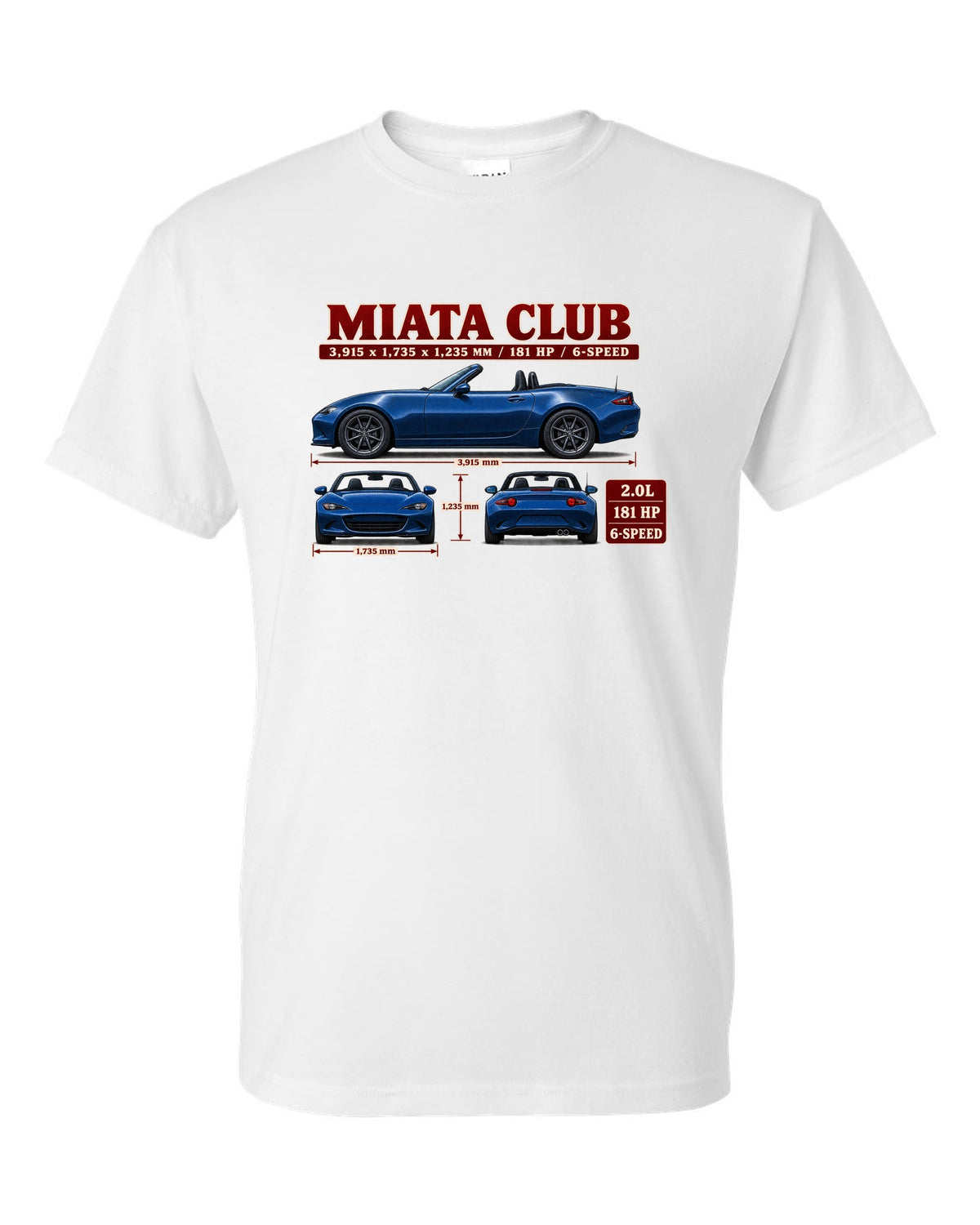 Three-view drawing and spec table of a 2019 Mazda MX-5 ND Club in Eternal Blue white t-shirt front view with the design