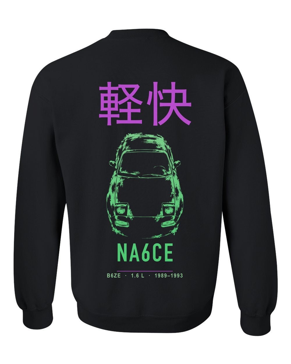 NA6CE full-back artwork black crewneck back view with the design