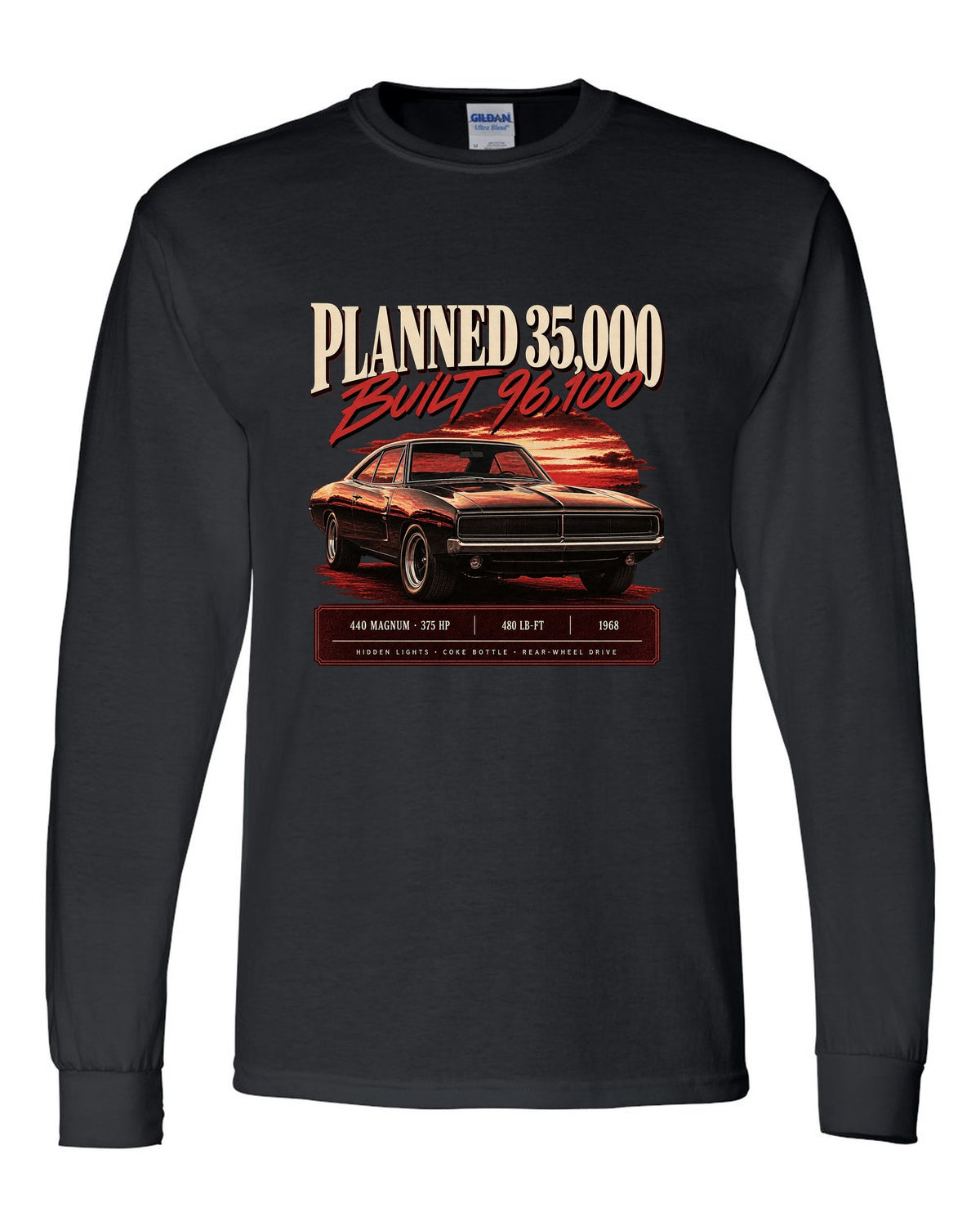 Archive panel print of a 1968 Dodge Charger R/T with 440 Magnum, 375 HP and production figures black long sleeve front view with the design