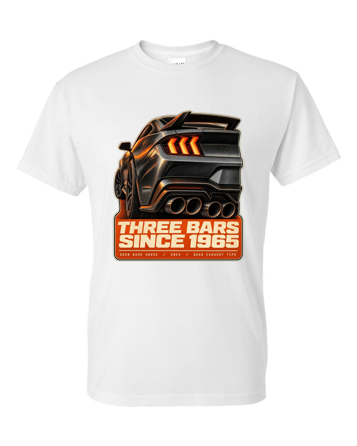 Ford Mustang S650 Dark Horse taillight macro print with quad exhaust tip text white t-shirt front view with the design