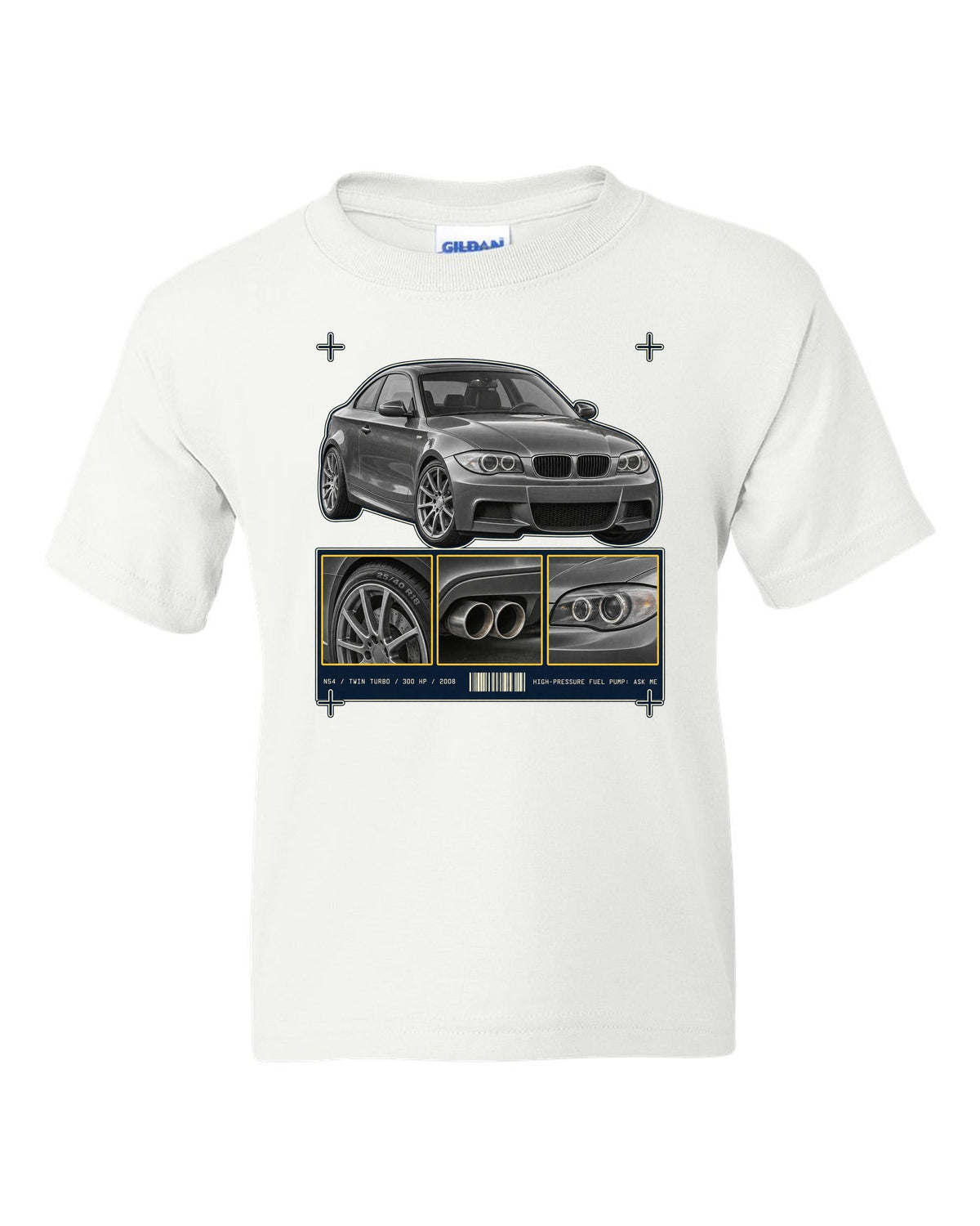 BMW 135i E82 coupe dossier panel print with N54 specs white kids tee front view with the design