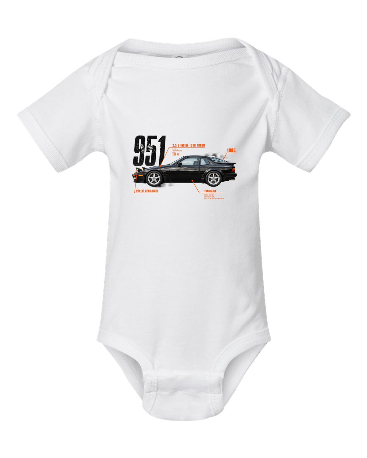 Spec poster print of a Porsche 944 Turbo 951 with 2.5 L turbo four, transaxle and pop-up headlights lettering white baby onesie front view with the design