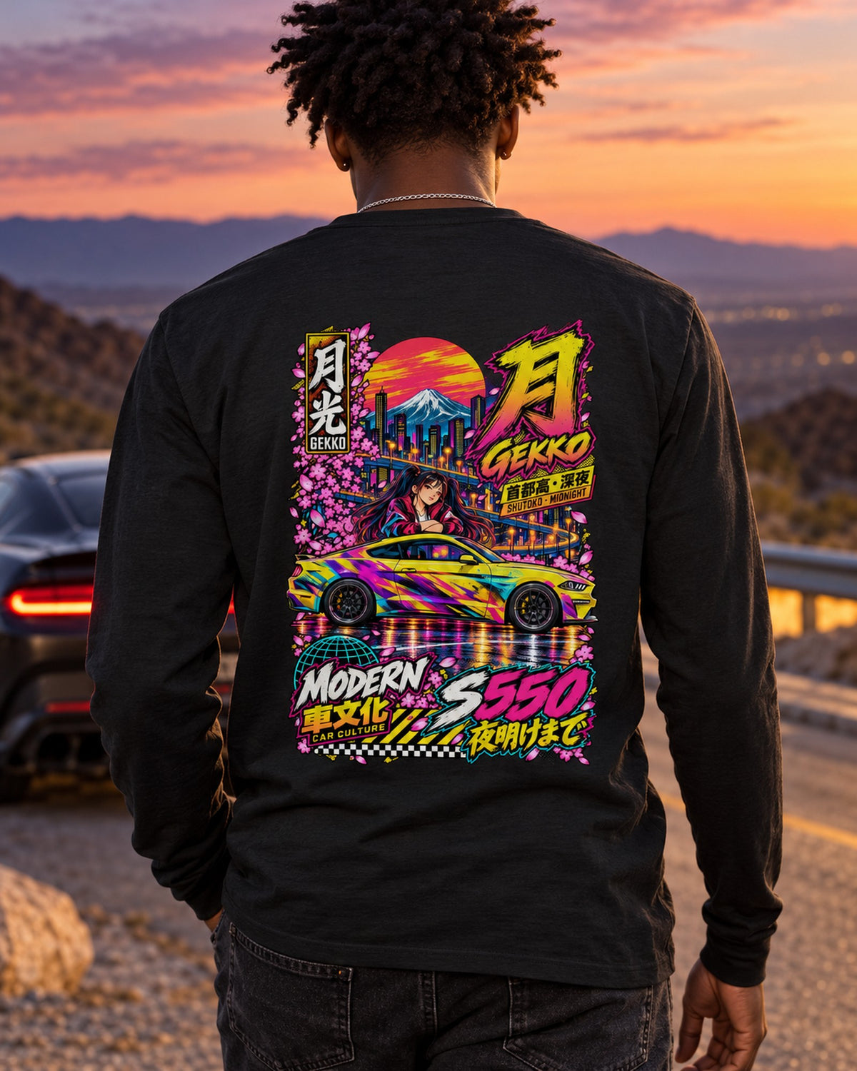 GEKKO S550 Anime Girl Full-Back Graphic Tee Long Sleeve Black worn hero