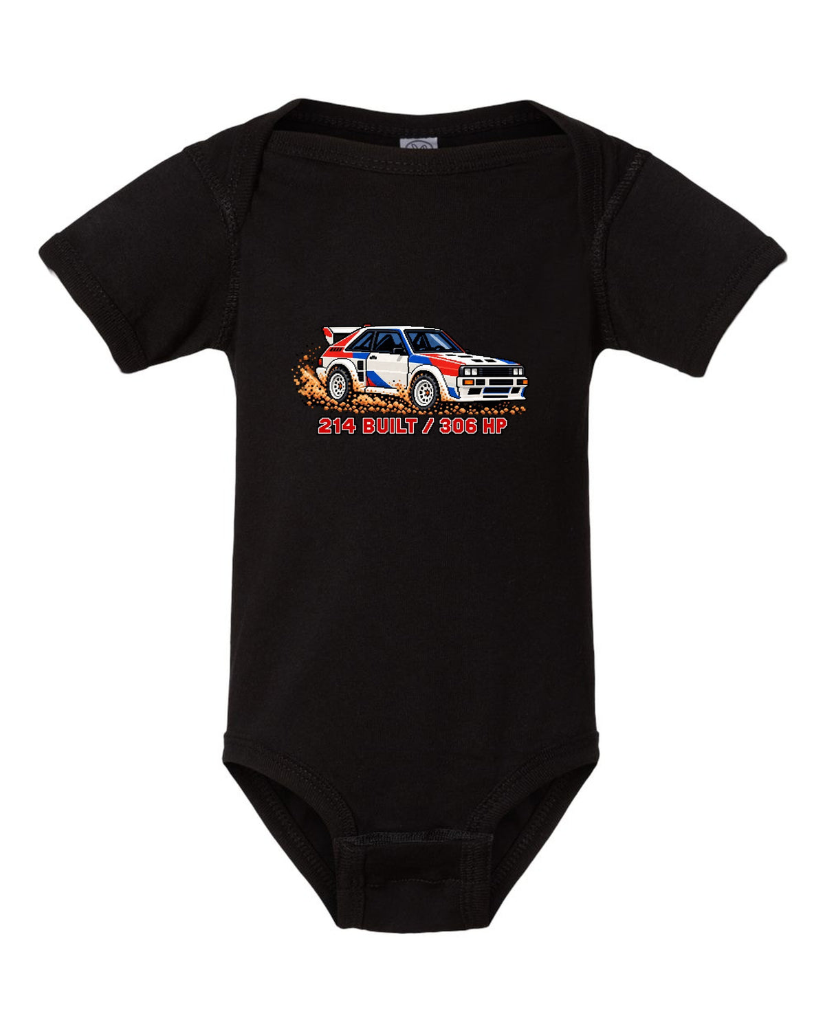 16-bit pixel art print of an Audi Sport Quattro SWB with 214 Built text black baby onesie front view with the design