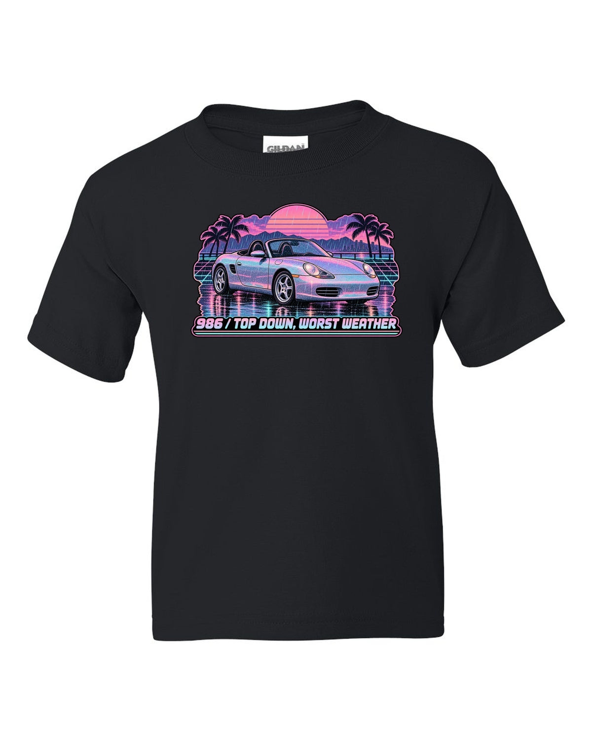 Lo-fi vaporwave Porsche Boxster 986 with the roof down black kids tee front view with the design