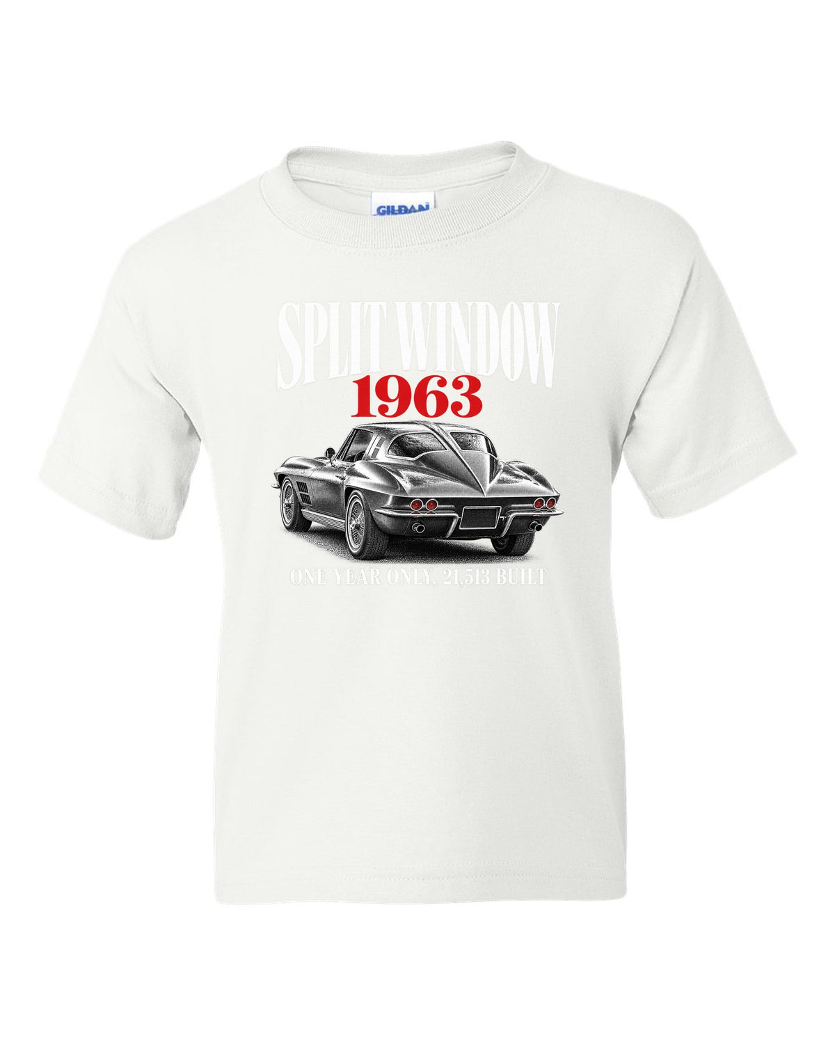 Chevrolet Corvette C2 Sting Ray 1963 split-window coupe editorial print white kids tee front view with the design
