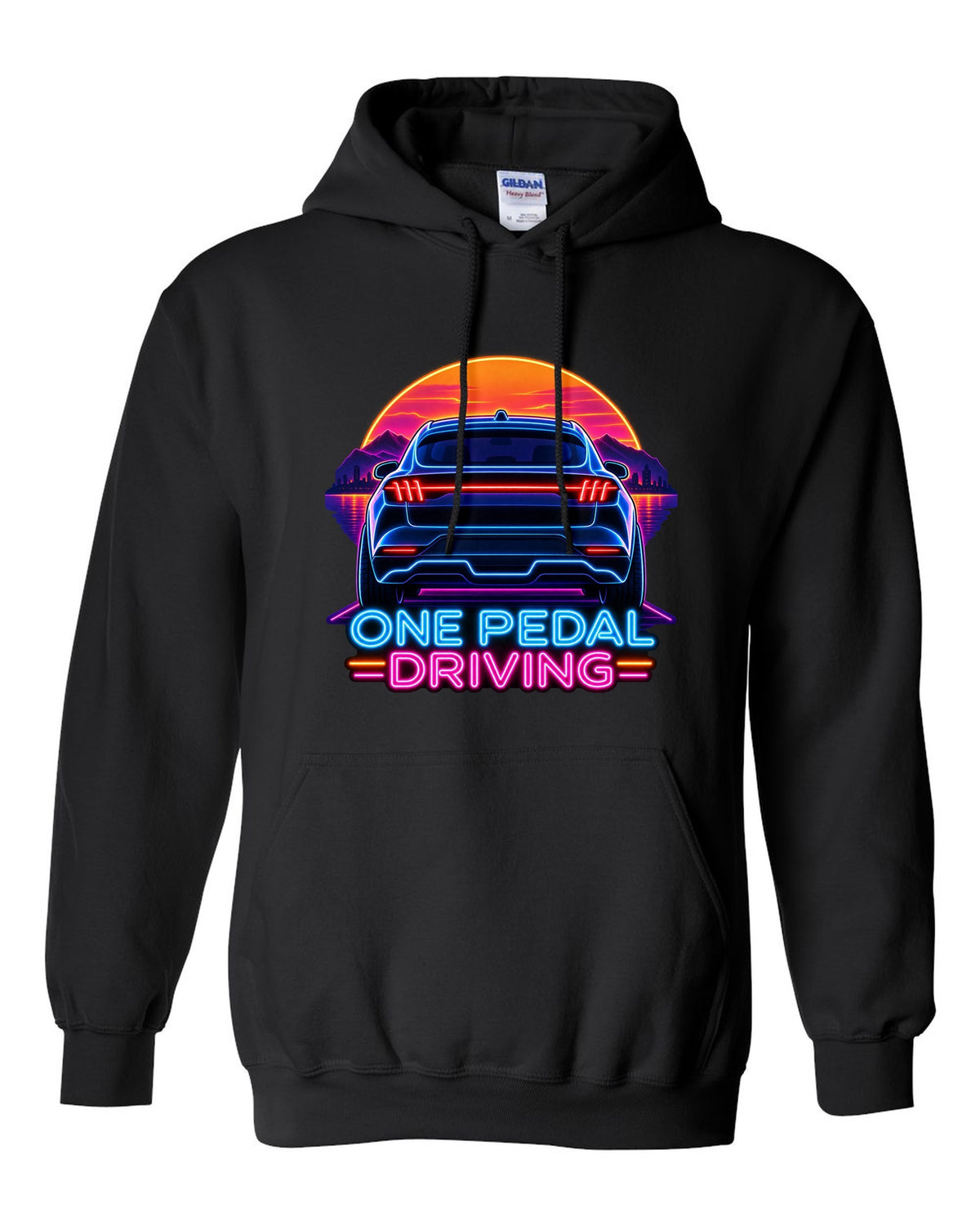 Neon sign print of the 2020 Mustang Mach-E CX727 tail bar reading One Pedal Driving black pull over hoodie front view with the design