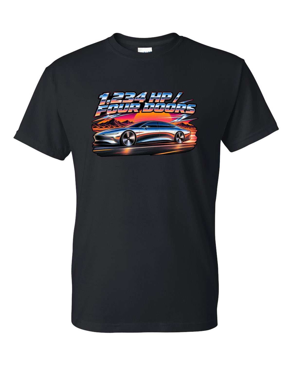 Lucid Air Sapphire 80s airbrush chrome poster print with the text 1,234 hp four doors black t-shirt front view with the design
