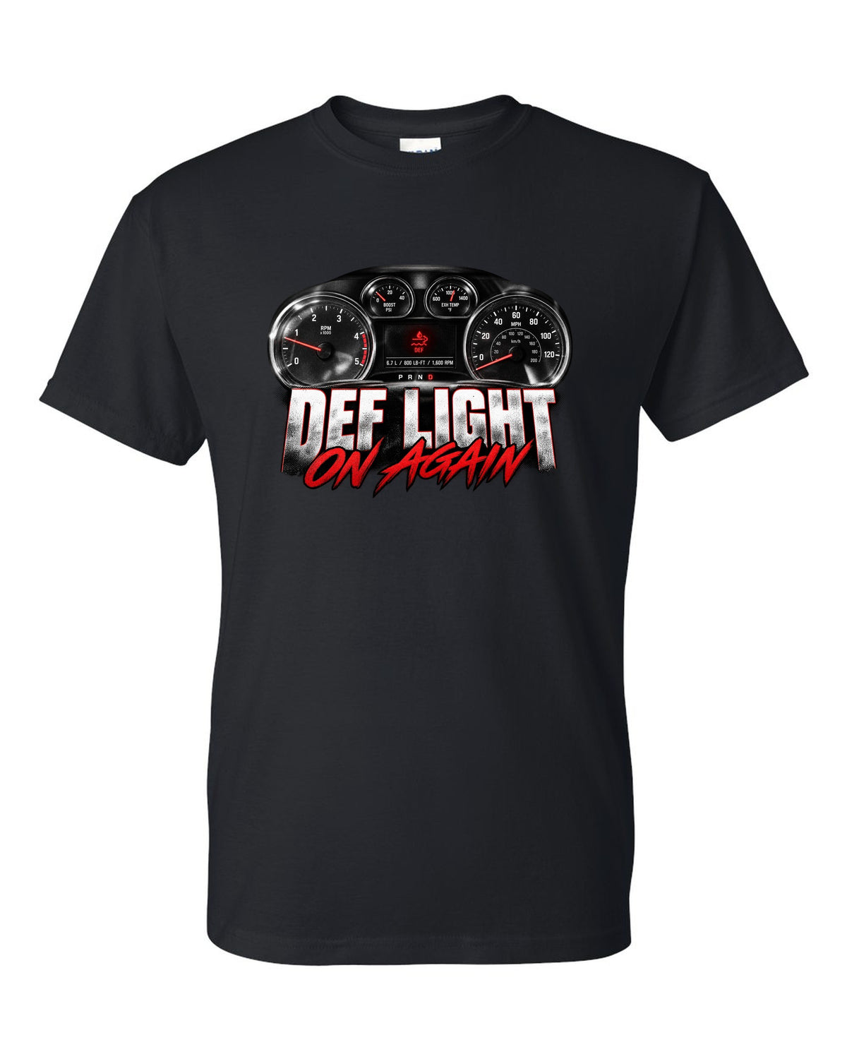 Gauge cluster crop of a 2013 Ram 2500 4th gen 6.7 with the text DEF light, on again black t-shirt front view with the design