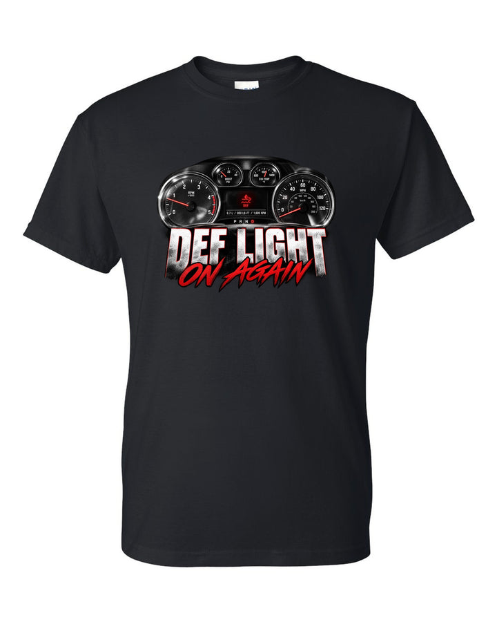 Gauge cluster crop of a 2013 Ram 2500 4th gen 6.7 with the text DEF light, on again black t-shirt front view with the design