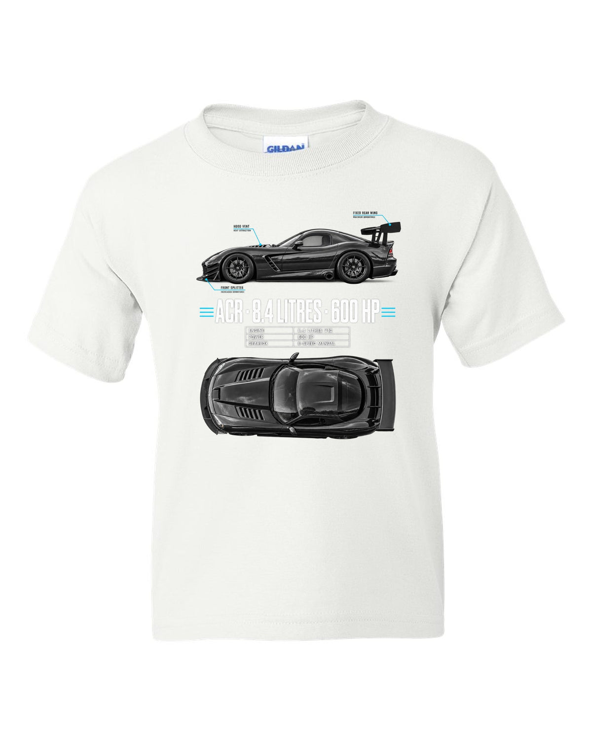2008 Dodge Viper ACR ZB II top-down and profile spec poster print white kids tee front view with the design