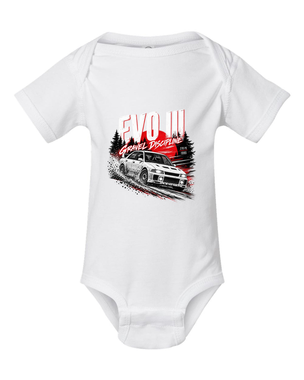 Night gravel road print for the Mitsubishi Lancer Evolution III CE9A reading Gravel Discipline, 270 PS, 1995 white baby onesie front view with the design