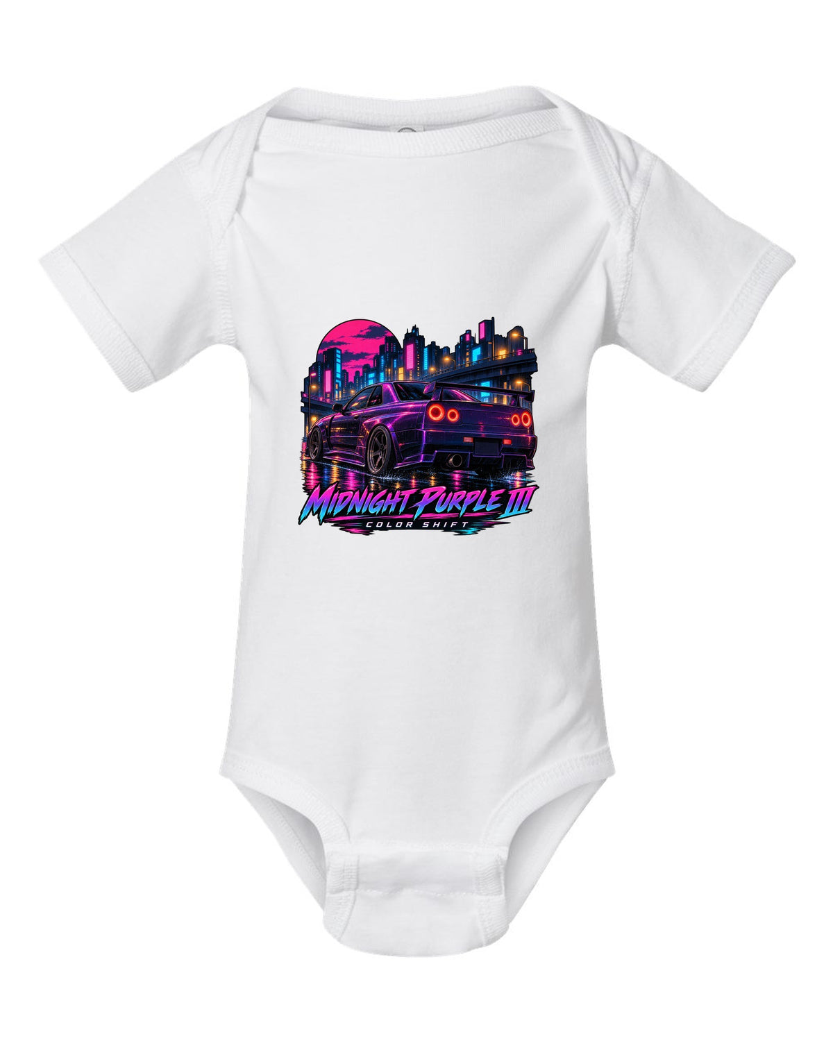 Cel-shaded anime night street print of a Midnight Purple III Nissan Skyline GT-R R34 BNR34 white baby onesie front view with the design
