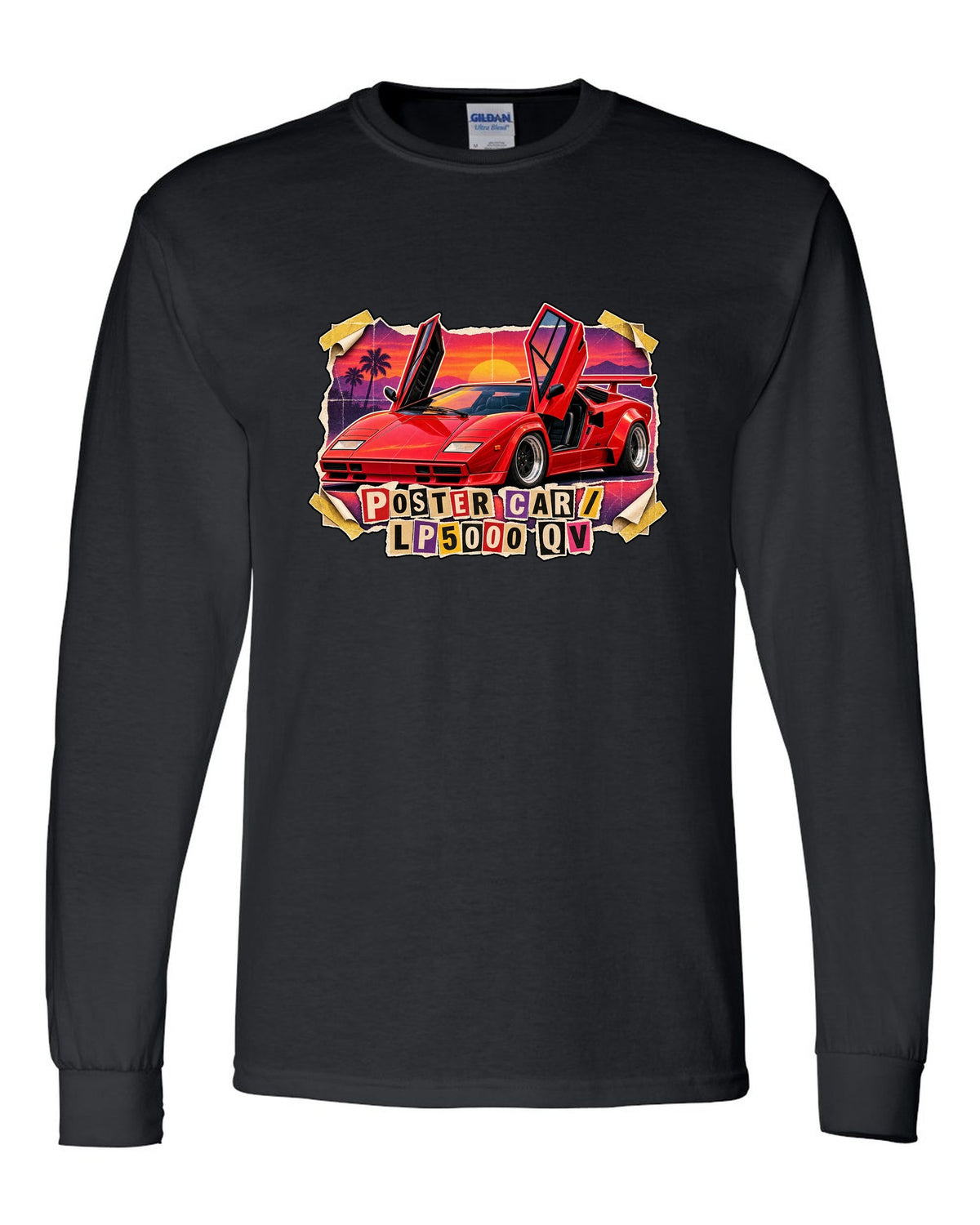 Magazine-cutout collage of a Lamborghini Countach LP5000 QV styled as a pull-out poster car black long sleeve front view with the design