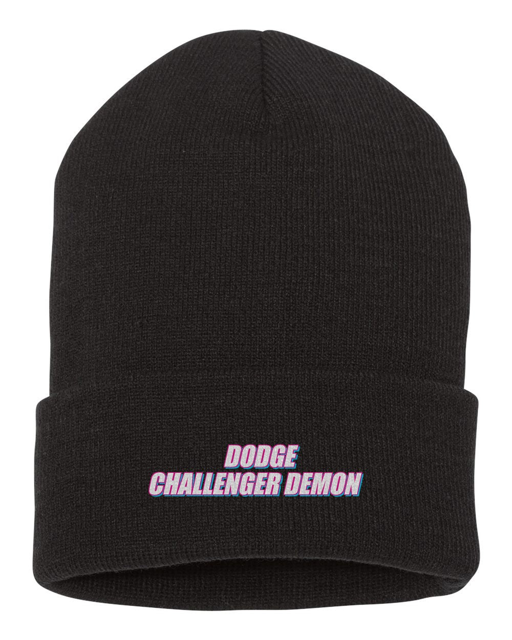 Dodge Challenger Demon black beanie front view with car name