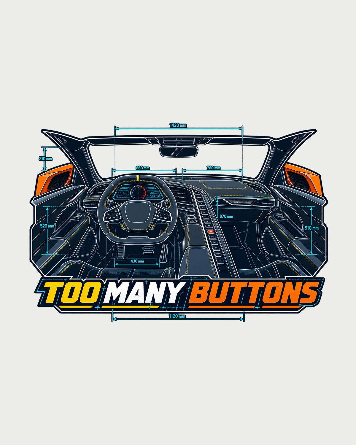 Corvette C8 Stingray Cockpit Blueprint Tee, Too Many Buttons design only