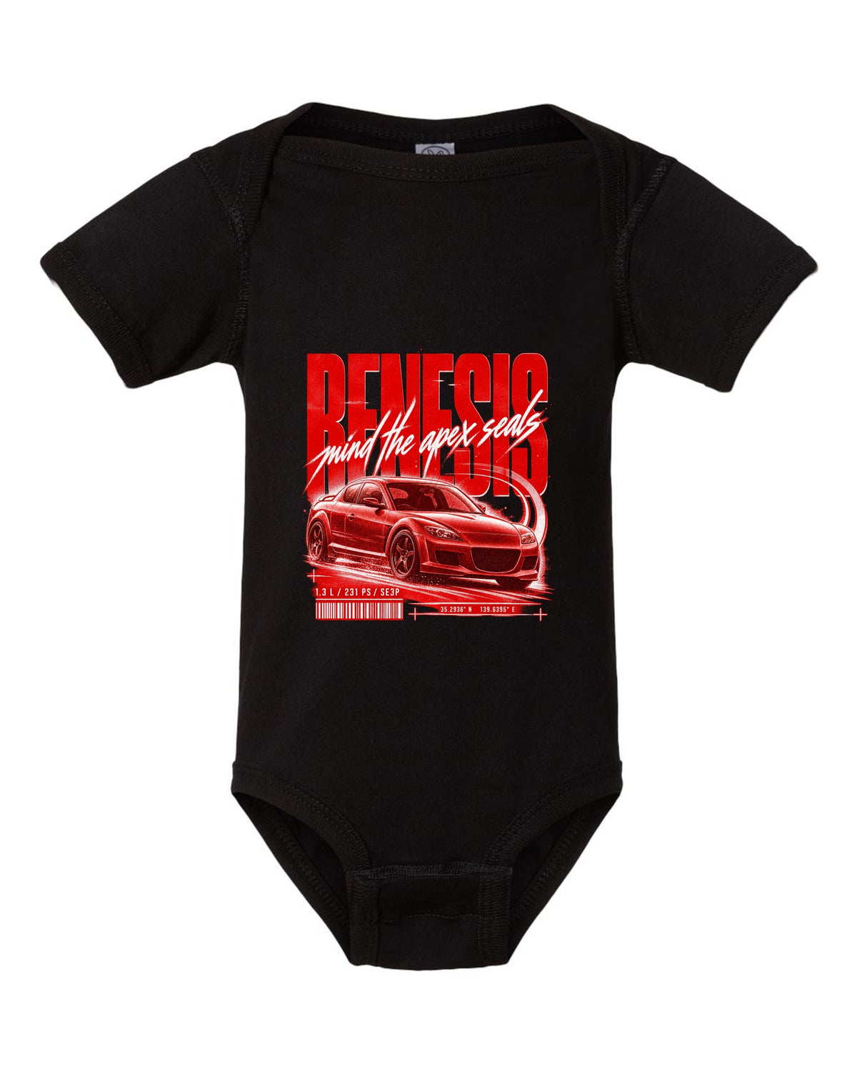 Street poster print of a Mazda RX-8 SE3P Series 1 with Renesis lettering black baby onesie front view with the design