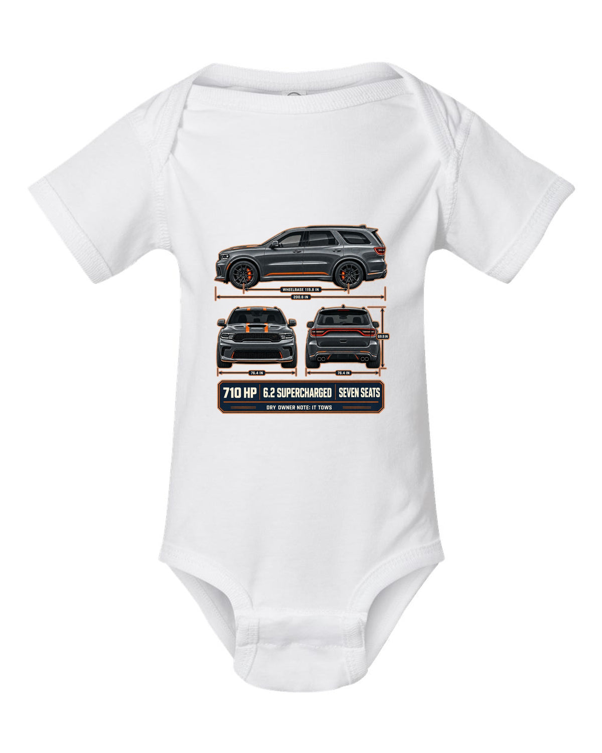 Dodge Durango SRT Hellcat 2021 three-view drawing with spec table print white baby onesie front view with the design