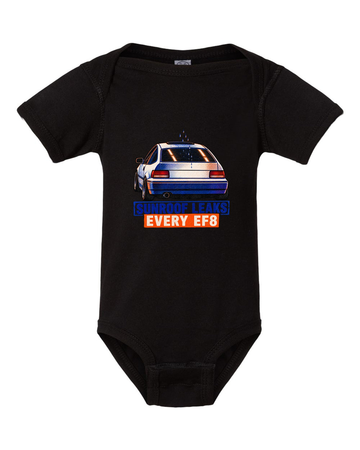 Risograph-style Honda CRX EF8 Si print with sunroof leak joke text black baby onesie front view with the design