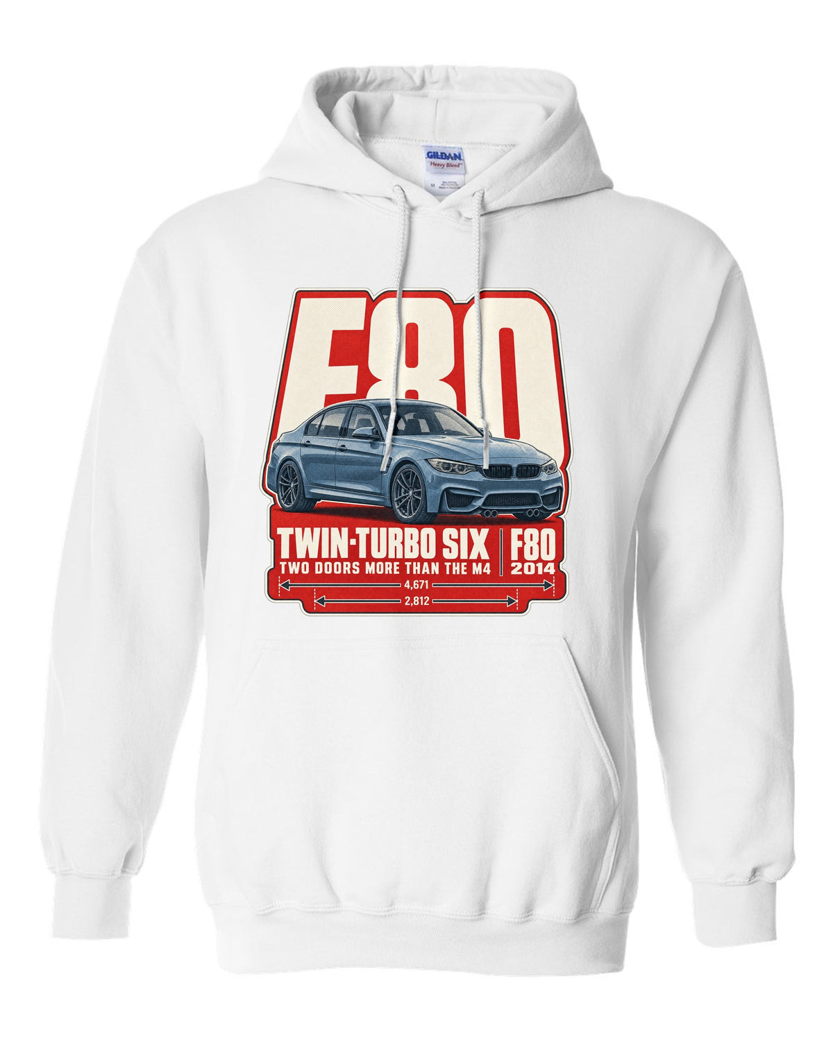 BMW M3 F80 halftone dot statement print white pull over hoodie front view with the design