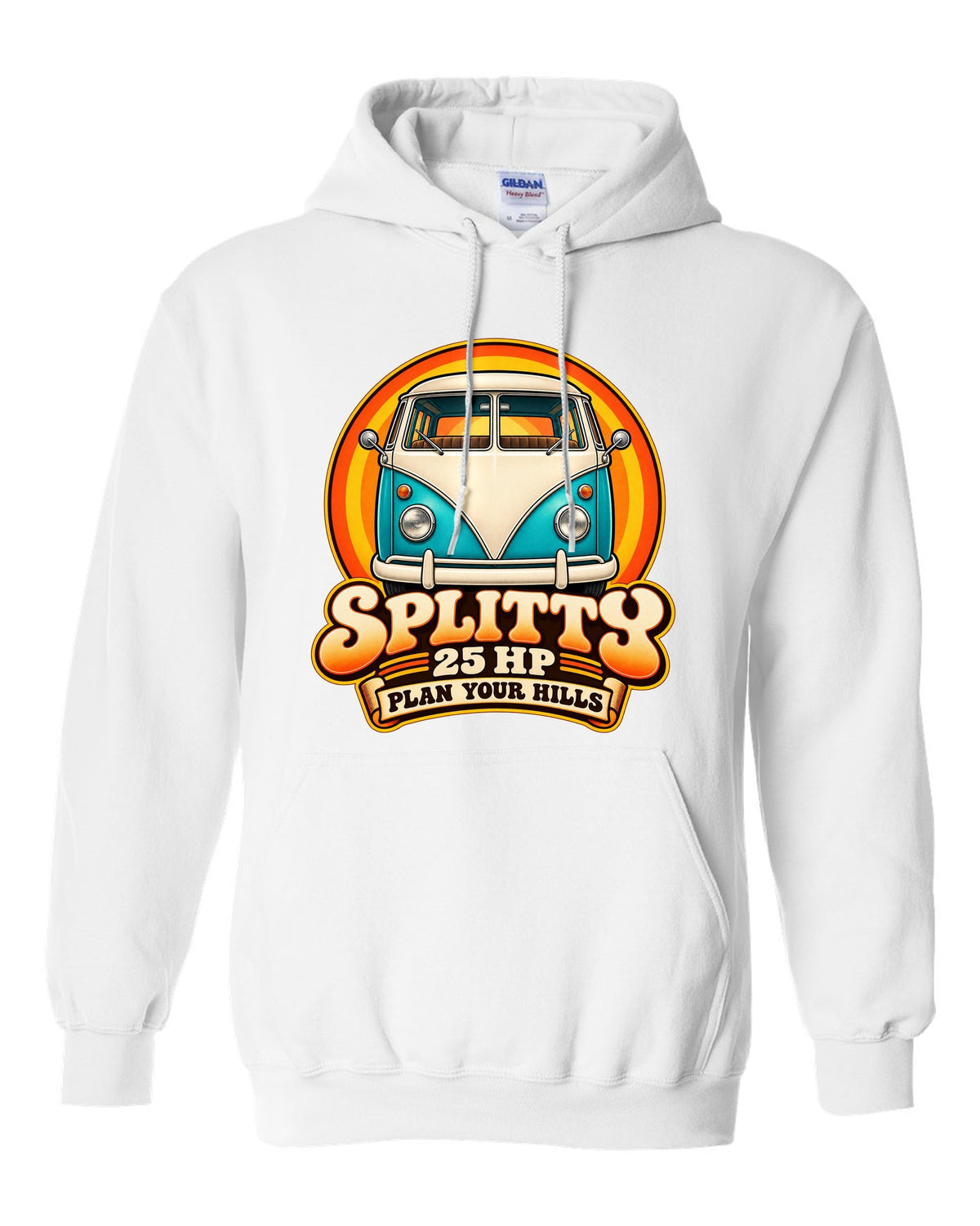 80s airbrush chrome style VW Bus T1 Type 2 Splitty with 25 HP plan your hills text white pull over hoodie front view with the design