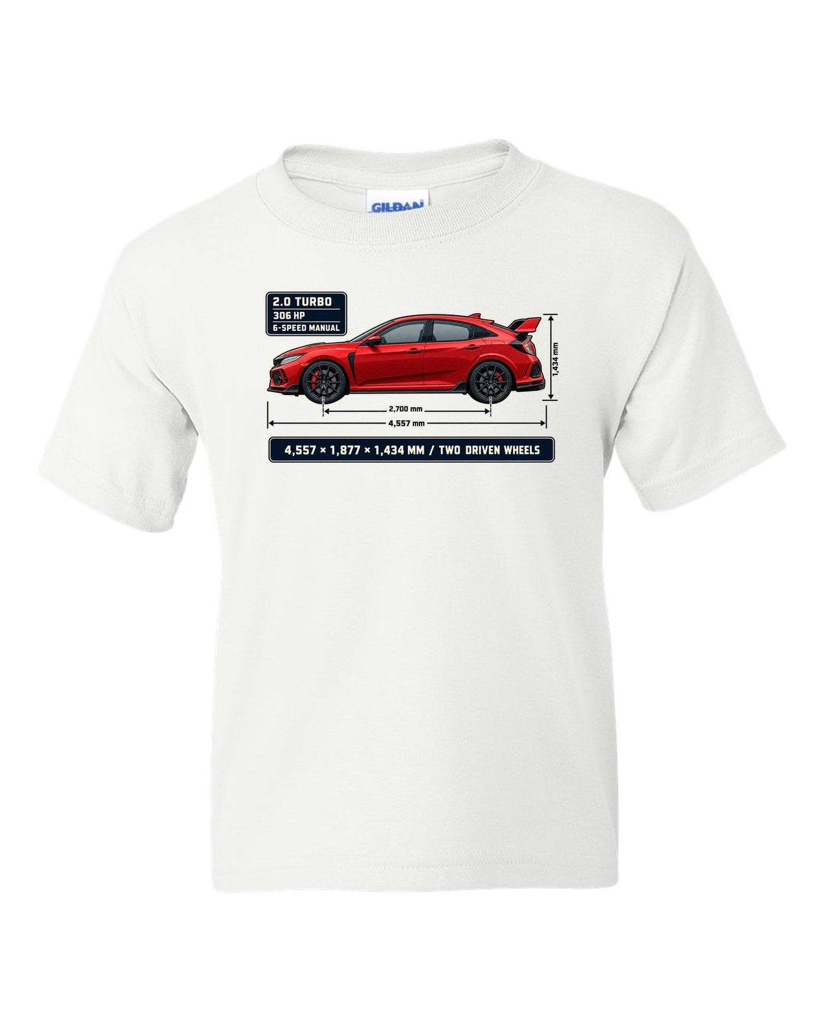 print dimension blueprint of a red Honda Civic Type R FK8 white kids tee front view with the design