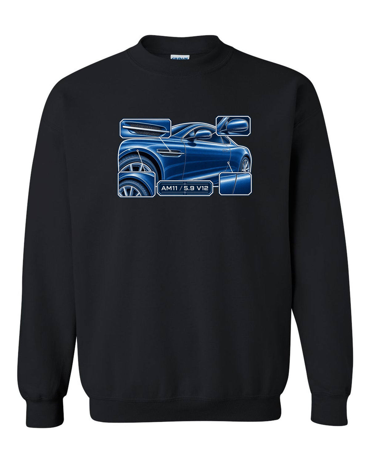 Aston Martin DB9 cyanotype blueprint with AM11 5.9 V12 lettering black crewneck front view with the design