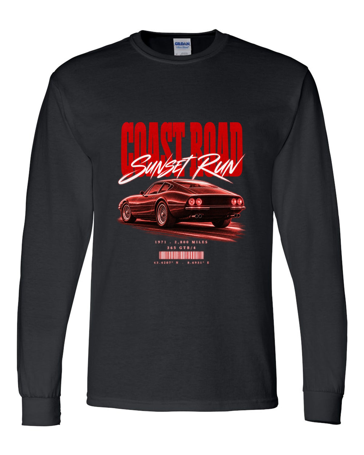 Street poster print of a Ferrari 365 GTB/4 Daytona with Coast Road, Sunset Run, 1971, 2,800 miles black long sleeve front view with the design