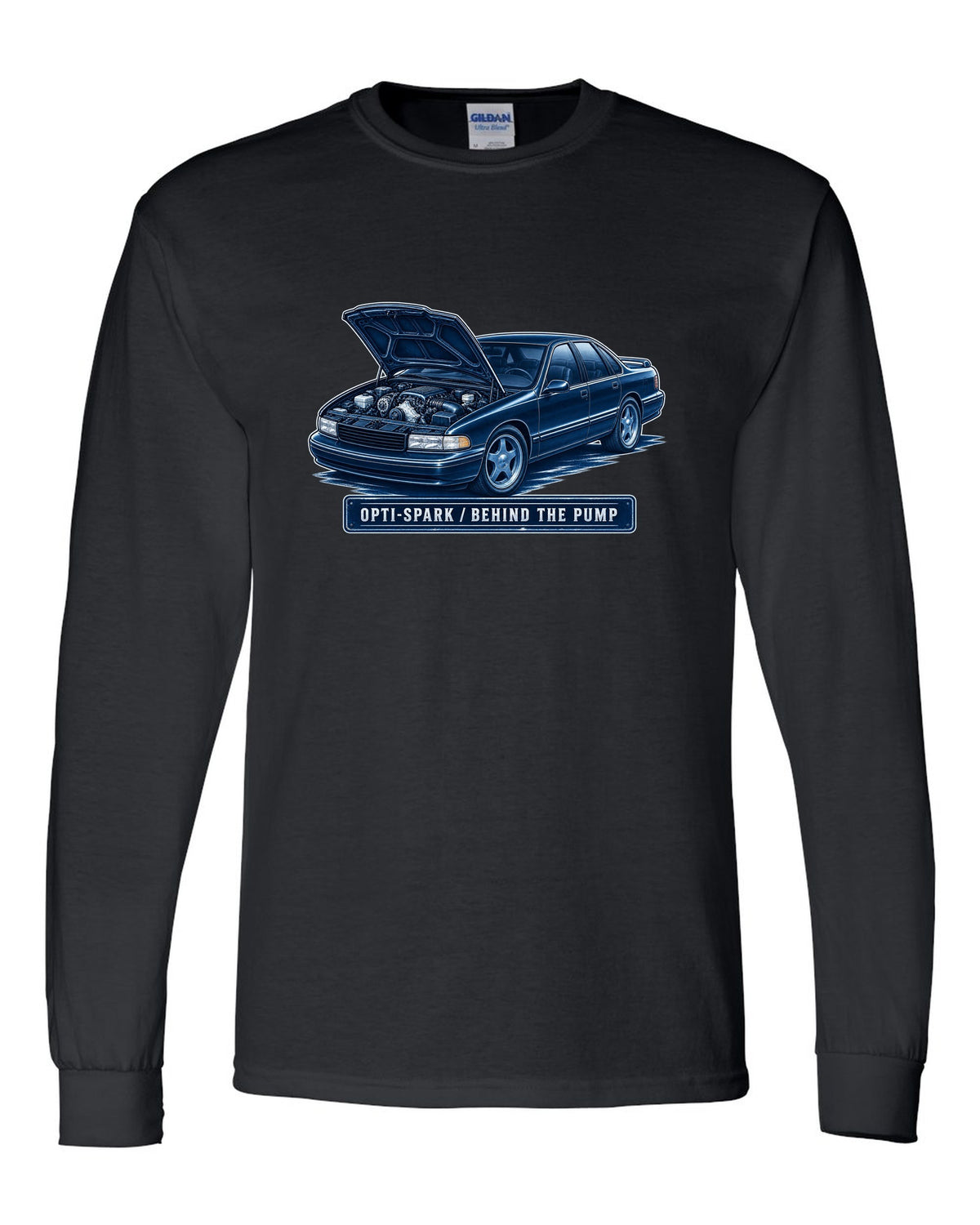 Cyanotype white-line illustration of a 1995 Chevrolet Impala SS with Opti-Spark lettering black long sleeve front view with the design