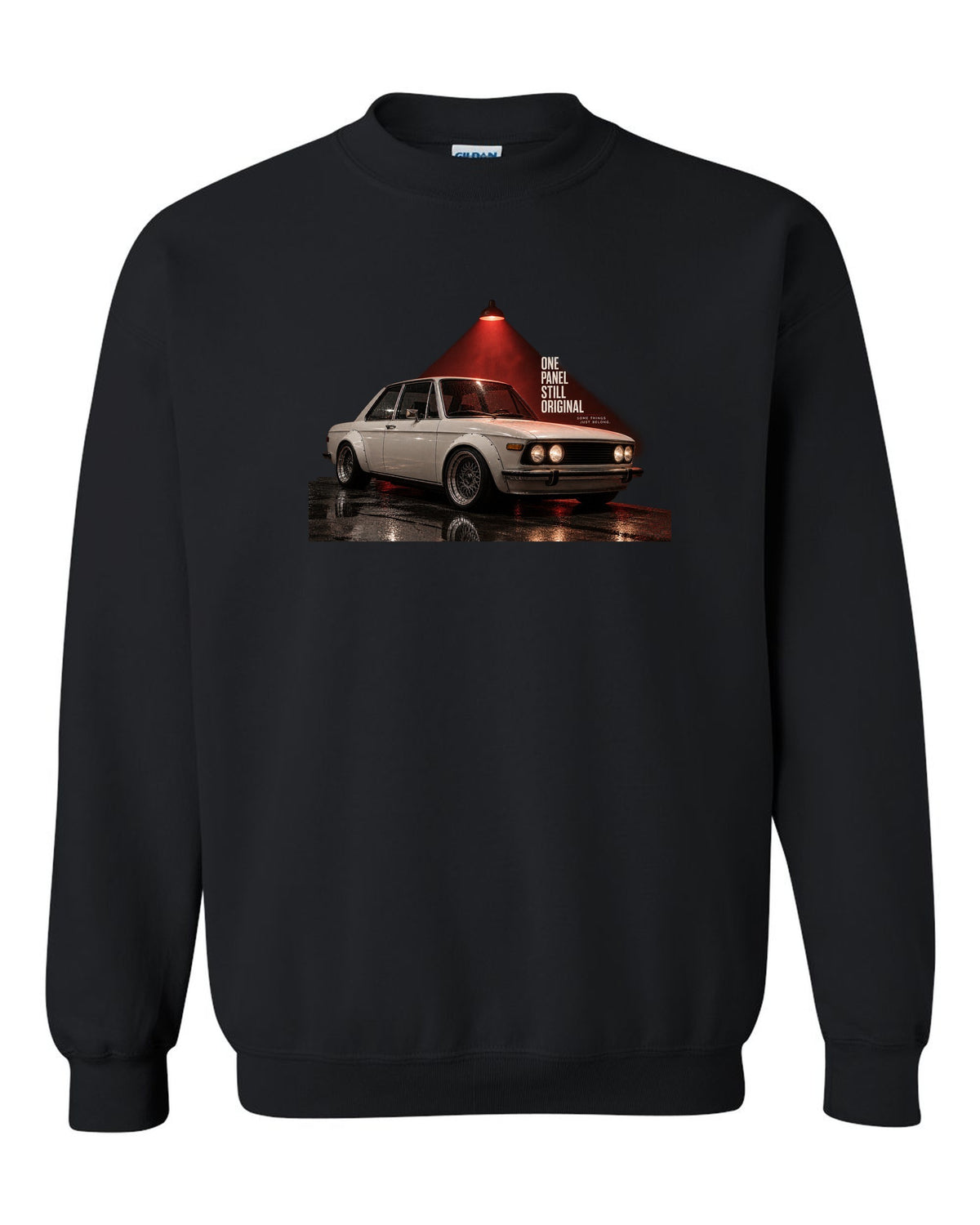 BMW E30 M3 garage night print with one panel still original text black crewneck front view with the design