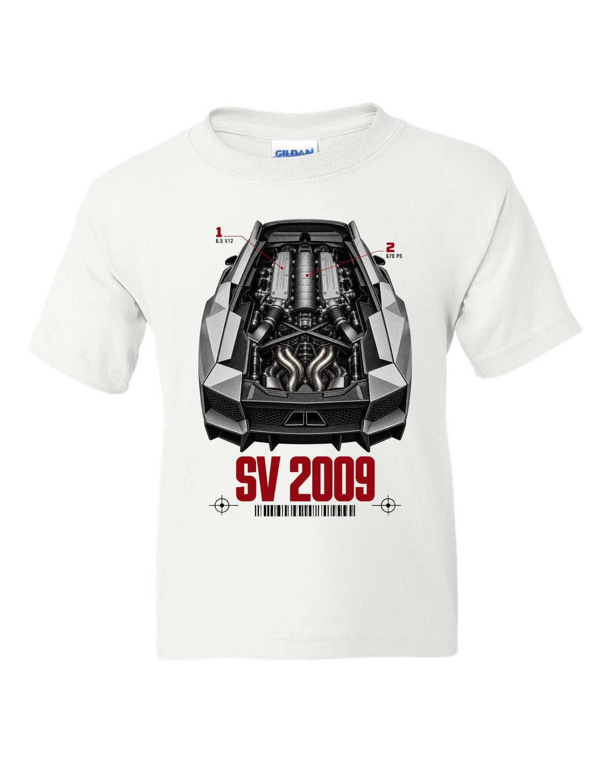 Engine hero print of a Lamborghini Murcielago LP670-4 SV with 6.5 V12 and 670 PS callouts white kids tee front view with the design