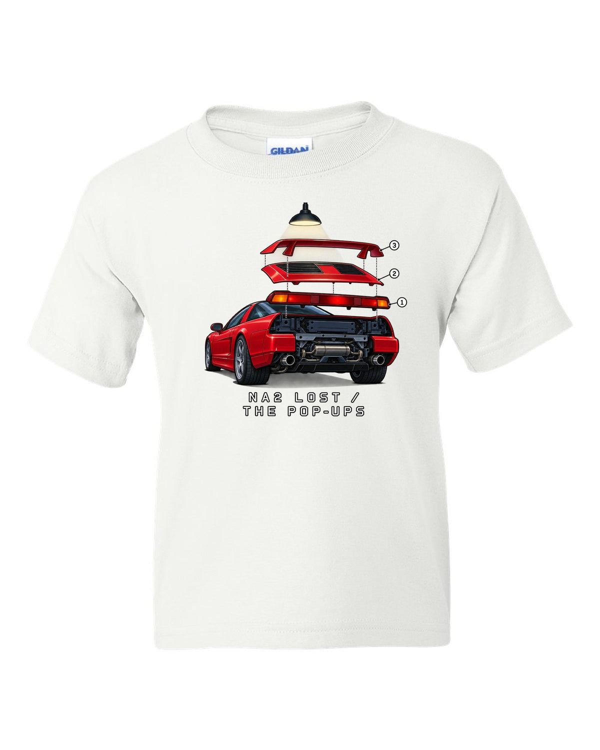 Isometric exploded taillight diagram of a 2002 Honda NSX NA2 with NA2 Lost The Pop-Ups lettering white kids tee front view with the design