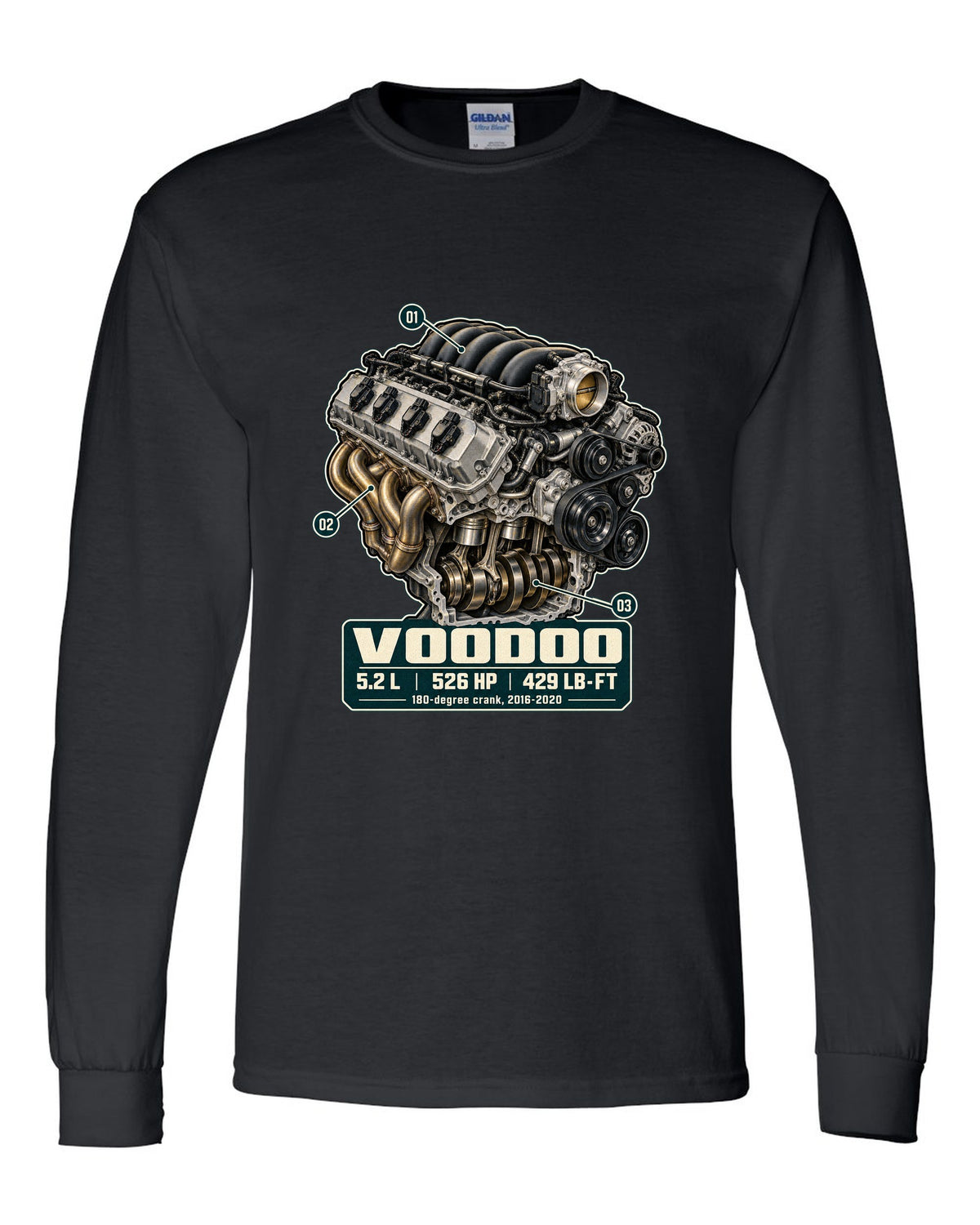Ford Mustang S550 Shelby GT350 Voodoo 5.2 L engine hero print black long sleeve front view with the design