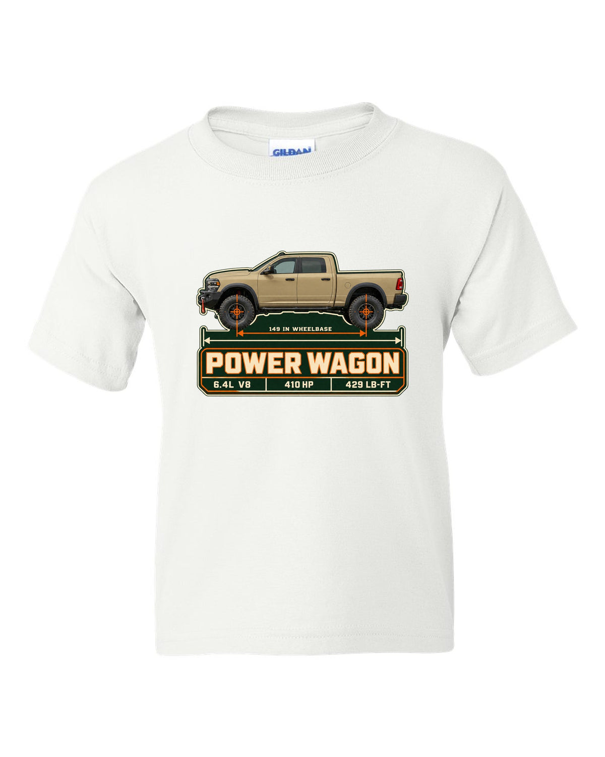 Ram 2500 Power Wagon dimension blueprint plate print with 149 inch wheelbase white kids tee front view with the design