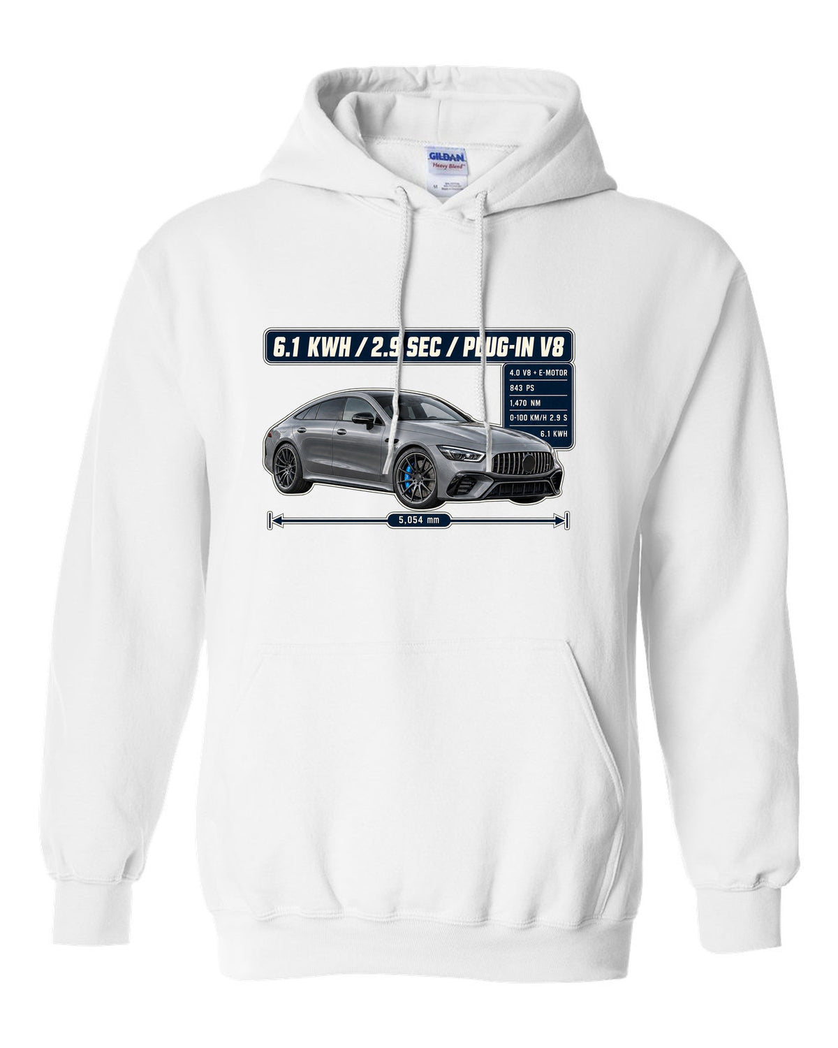 Mercedes-AMG GT 63 S E Performance spec poster design with electric-blue accent white pull over hoodie front view with the design