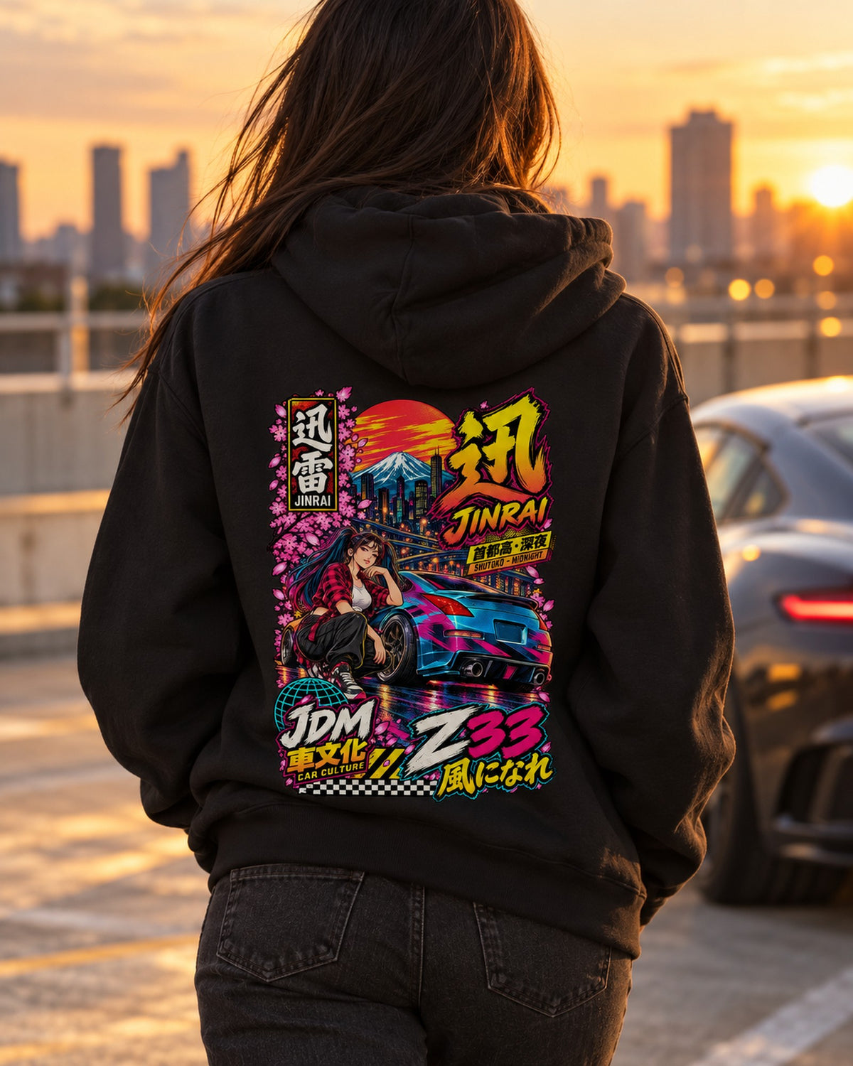 JINRAI Z33 Anime Girl Full-Back Graphic Tee Pull Over Hoodie Black worn hero