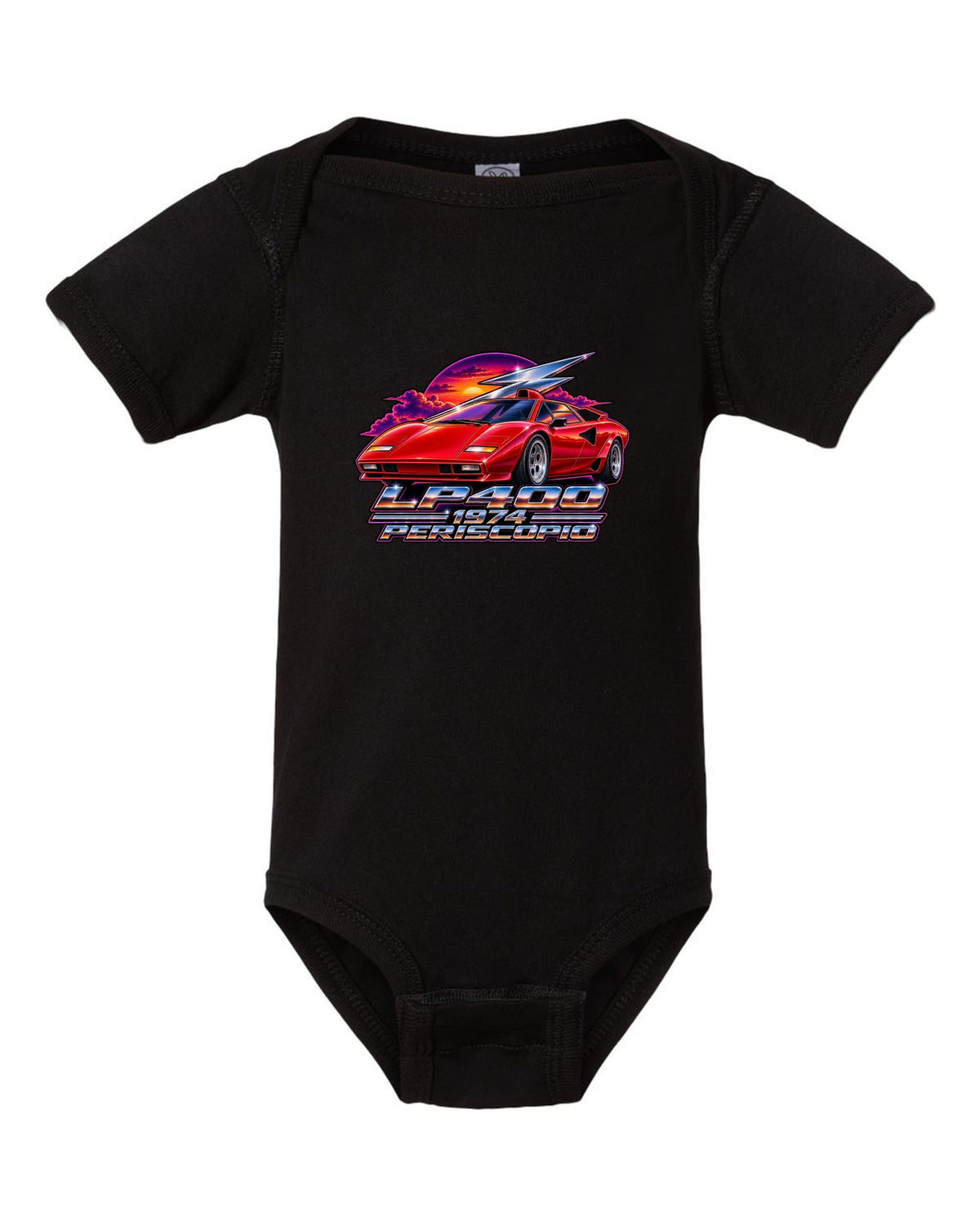 80s airbrush chrome style Lamborghini Countach LP400 with LP400 1974 Periscopio text black baby onesie front view with the design