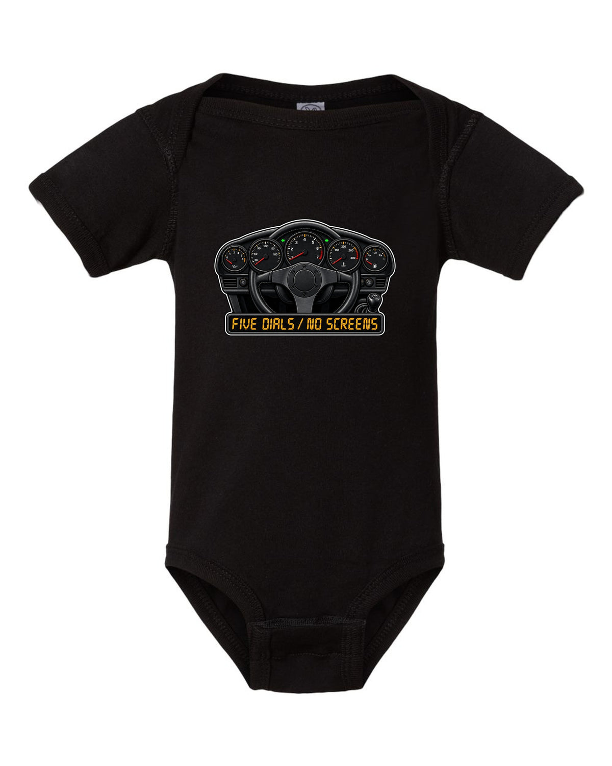 Porsche Cayenne Turbo S 957 sticker-bomb collage design with 550 PS lettering black baby onesie front view with the design