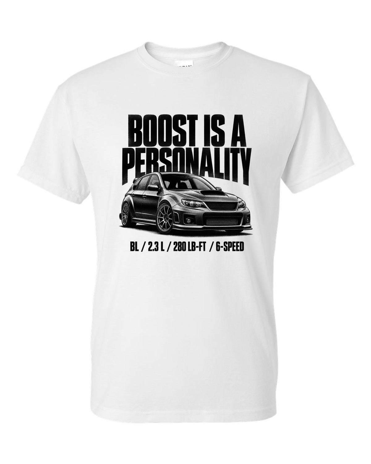 Halftone carbon print of a Mazdaspeed3 BL with boost lettering white t-shirt front view with the design