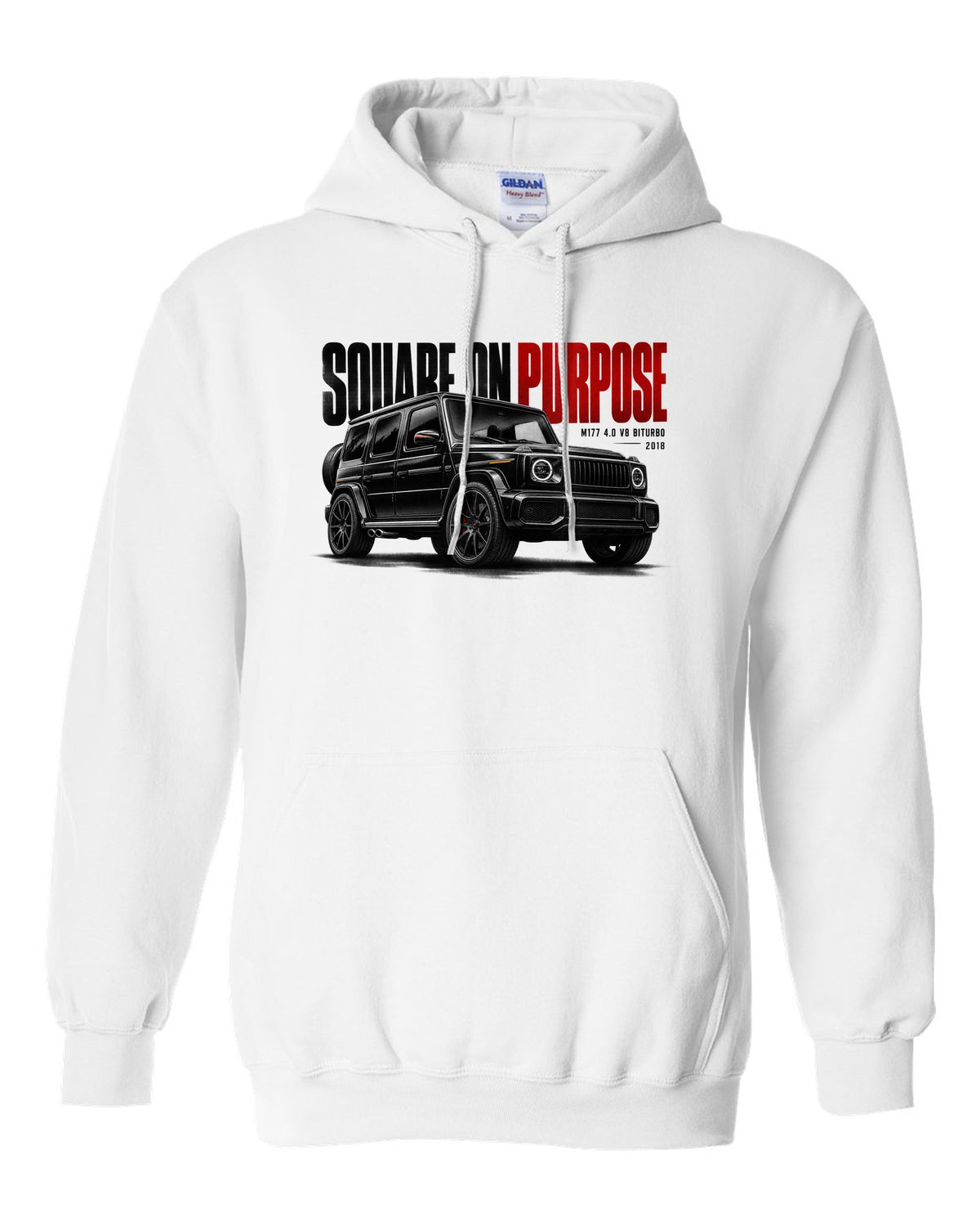 Halftone statement print of a Mercedes-AMG G63 W464 with Square On Purpose lettering white pull over hoodie front view with the design