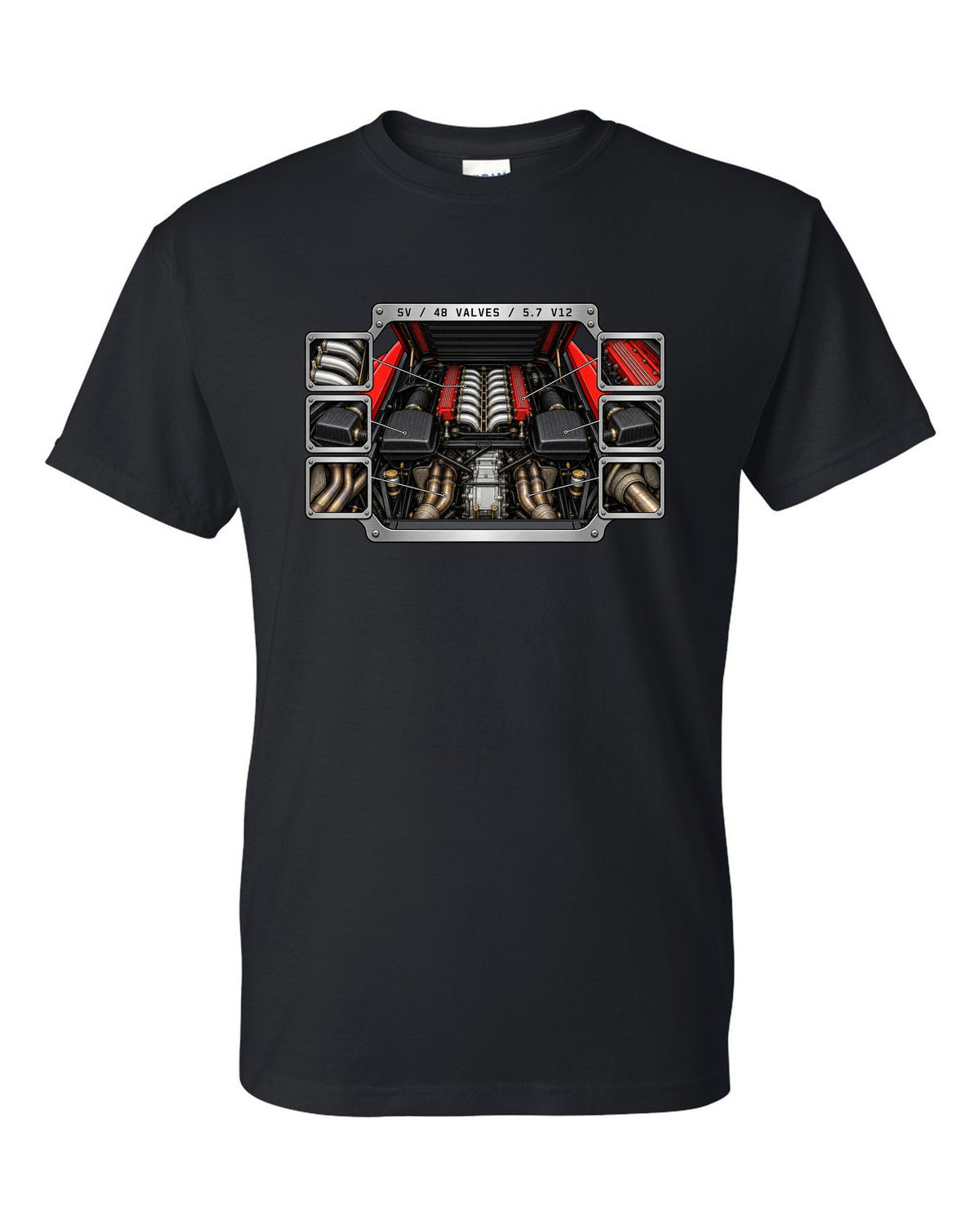 Spec-sheet data plate for a 1995 Lamborghini Diablo SV with 48 valves and 5.7 V12 black t-shirt front view with the design