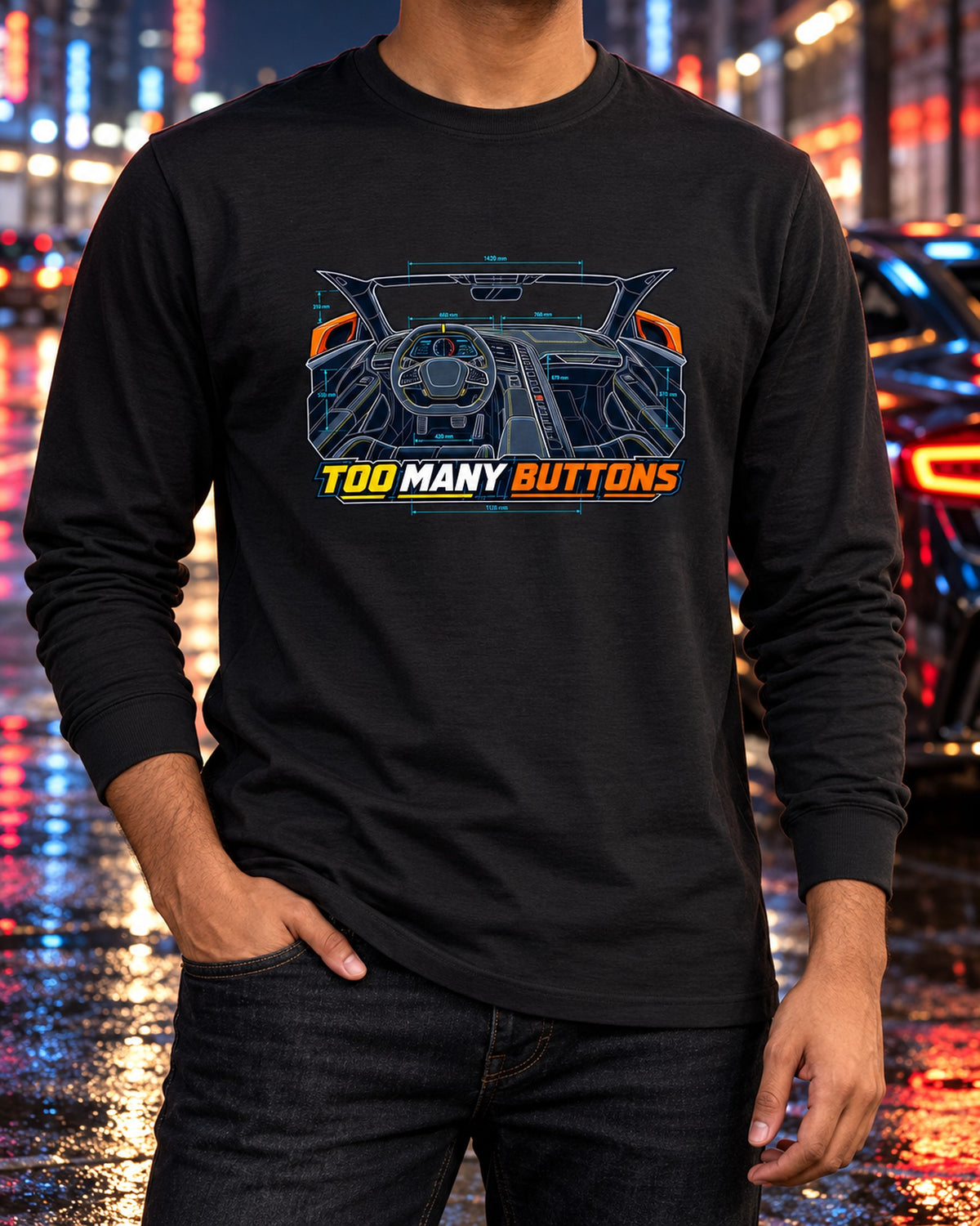 Corvette C8 Stingray Cockpit Blueprint Tee, Too Many Buttons Long Sleeve Black worn hero